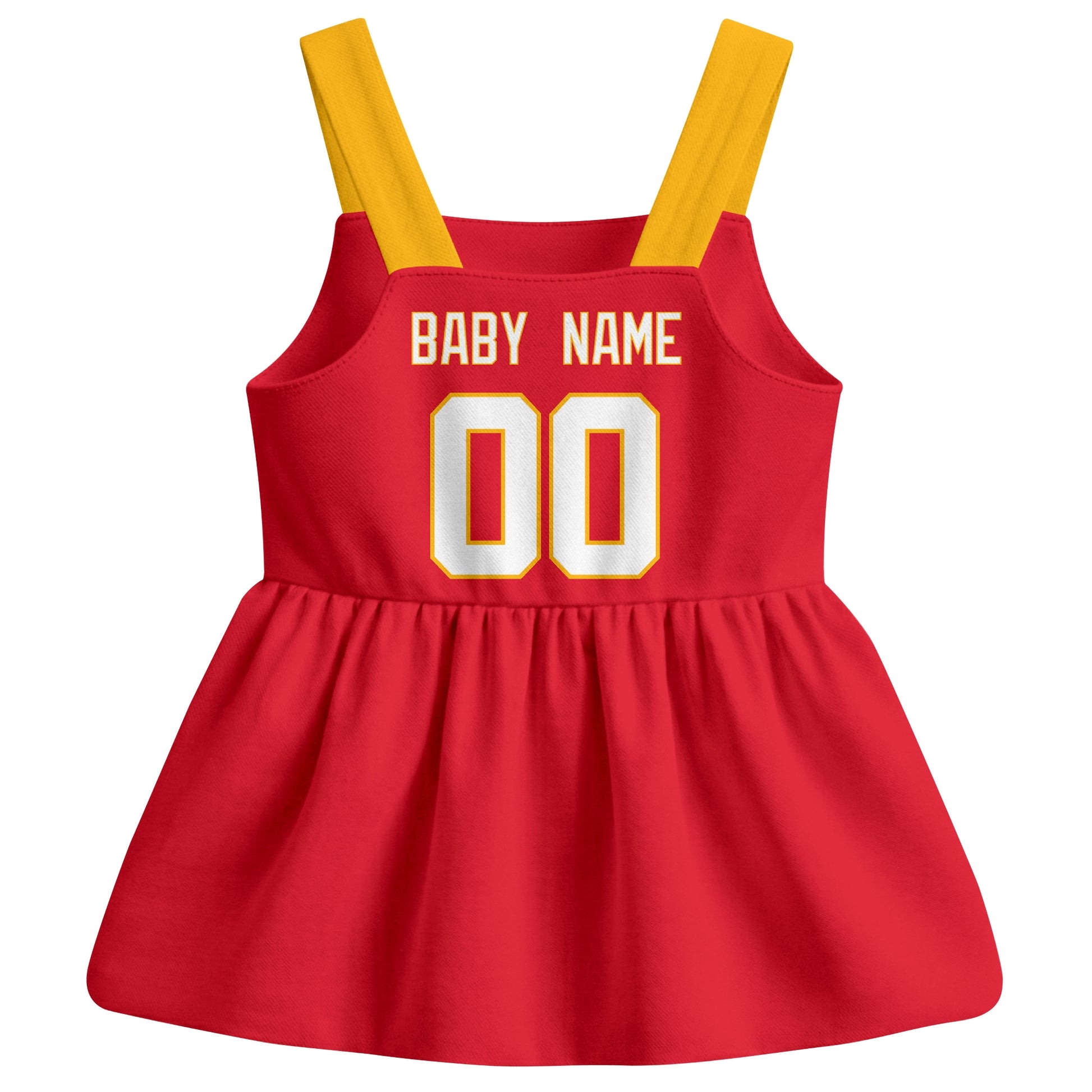 Kansas football baby suspender dress back view with custom baby name and number