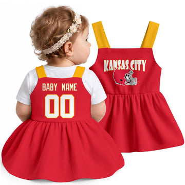 Personalized Kansas football baby suspender dress shown on baby in Red city-color style