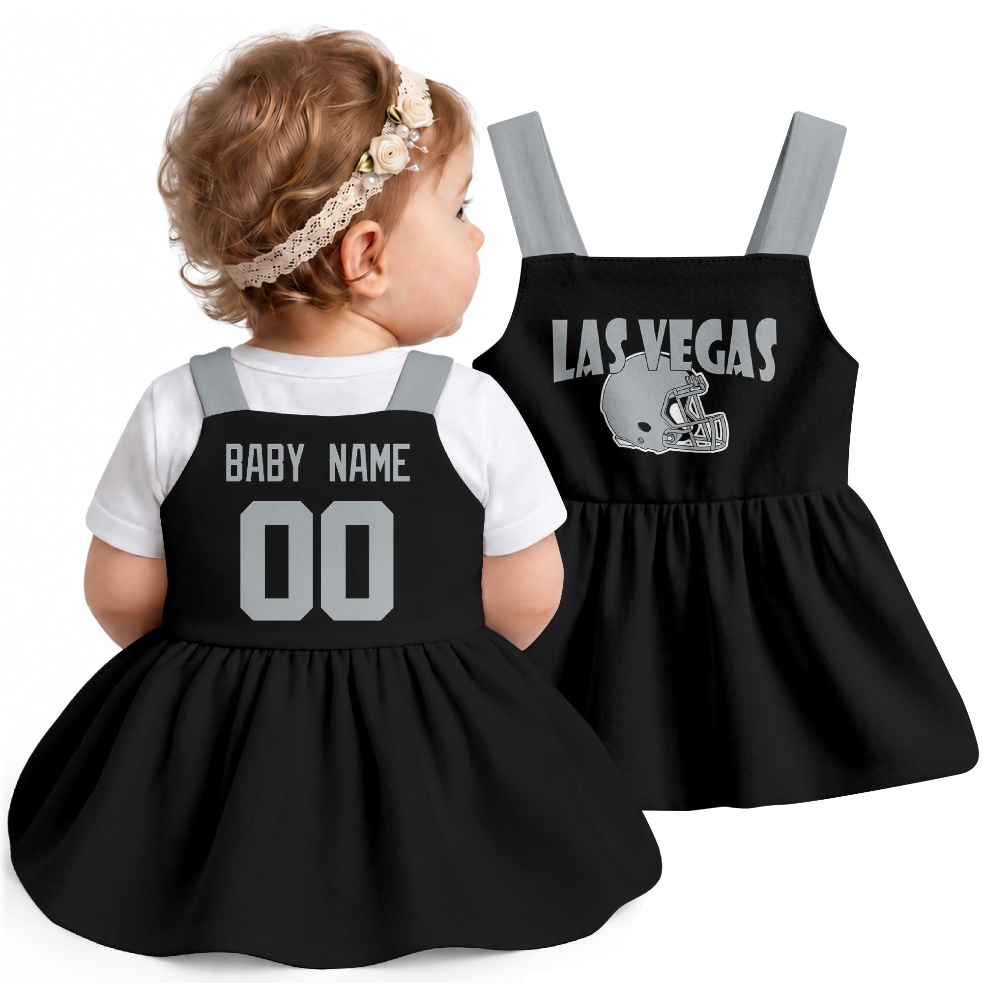Personalized Las Vegas football baby suspender dress shown on baby in Black city-color style