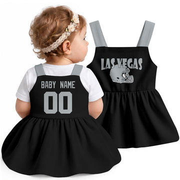 Personalized Las Vegas football baby suspender dress shown on baby in Black city-color style