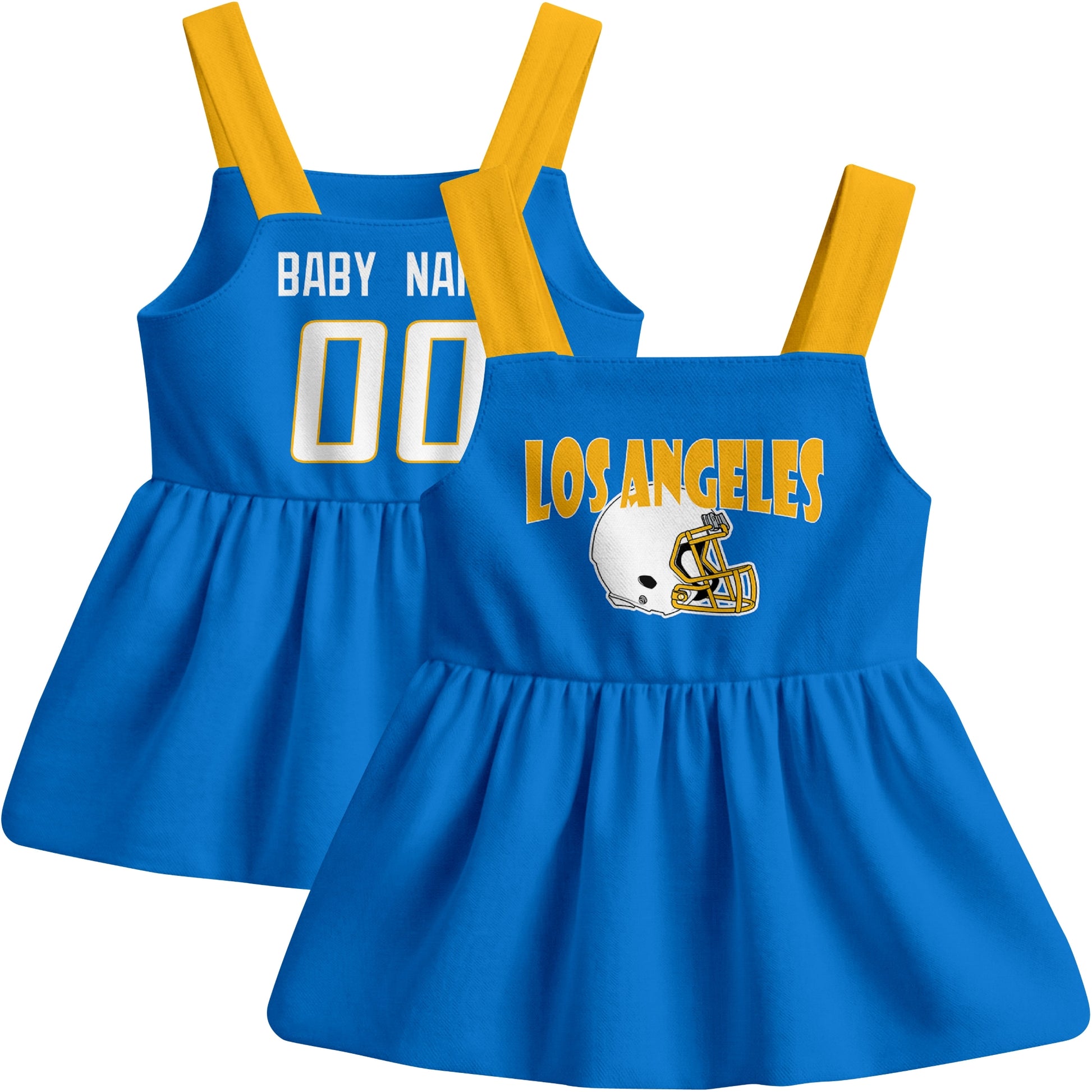 Los Angeles football baby suspender dress front and back view in Blue city-color style