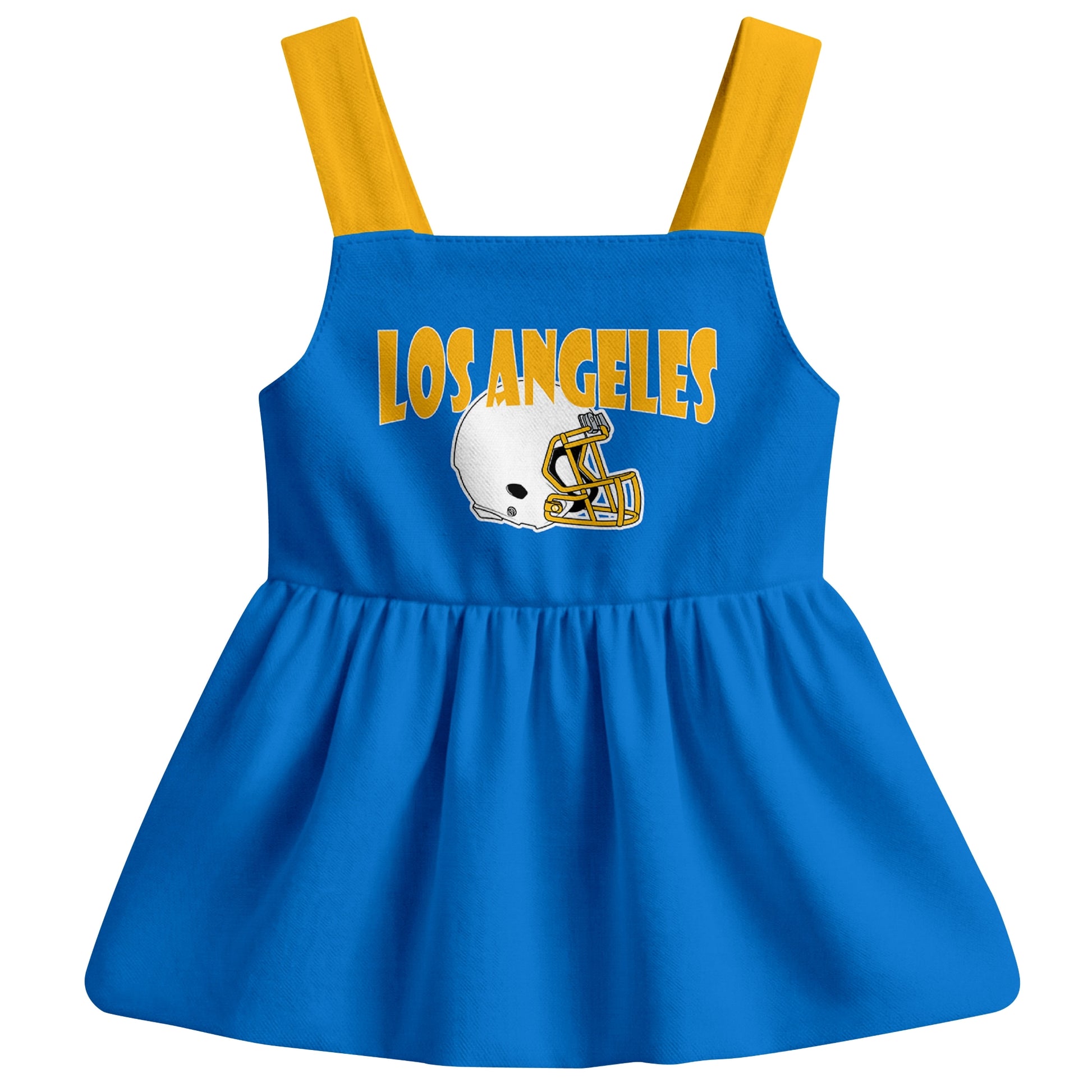 Los Angeles football baby suspender dress front view with city-color football graphic