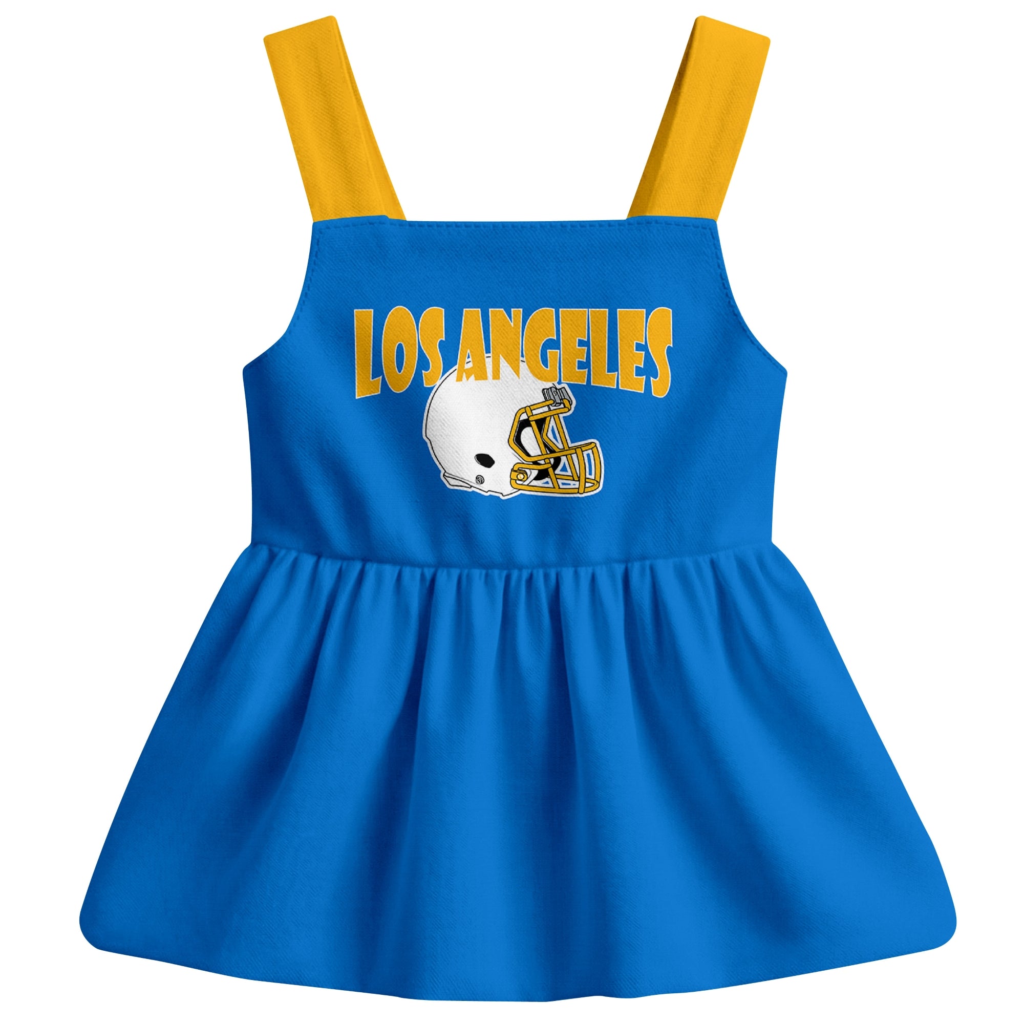 Los Angeles football baby suspender dress front view with city-color football graphic