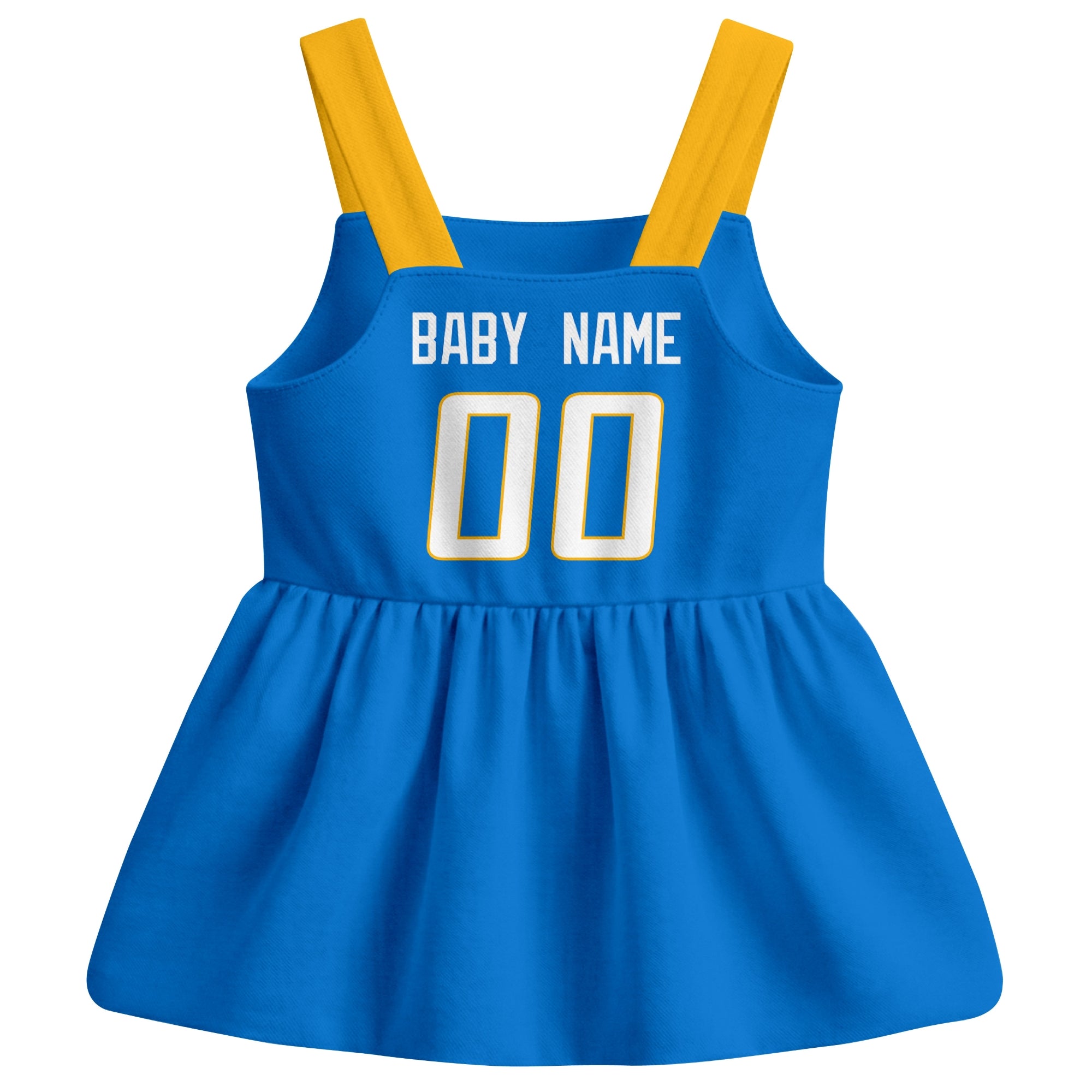 Los Angeles football baby suspender dress back view with custom baby name and number