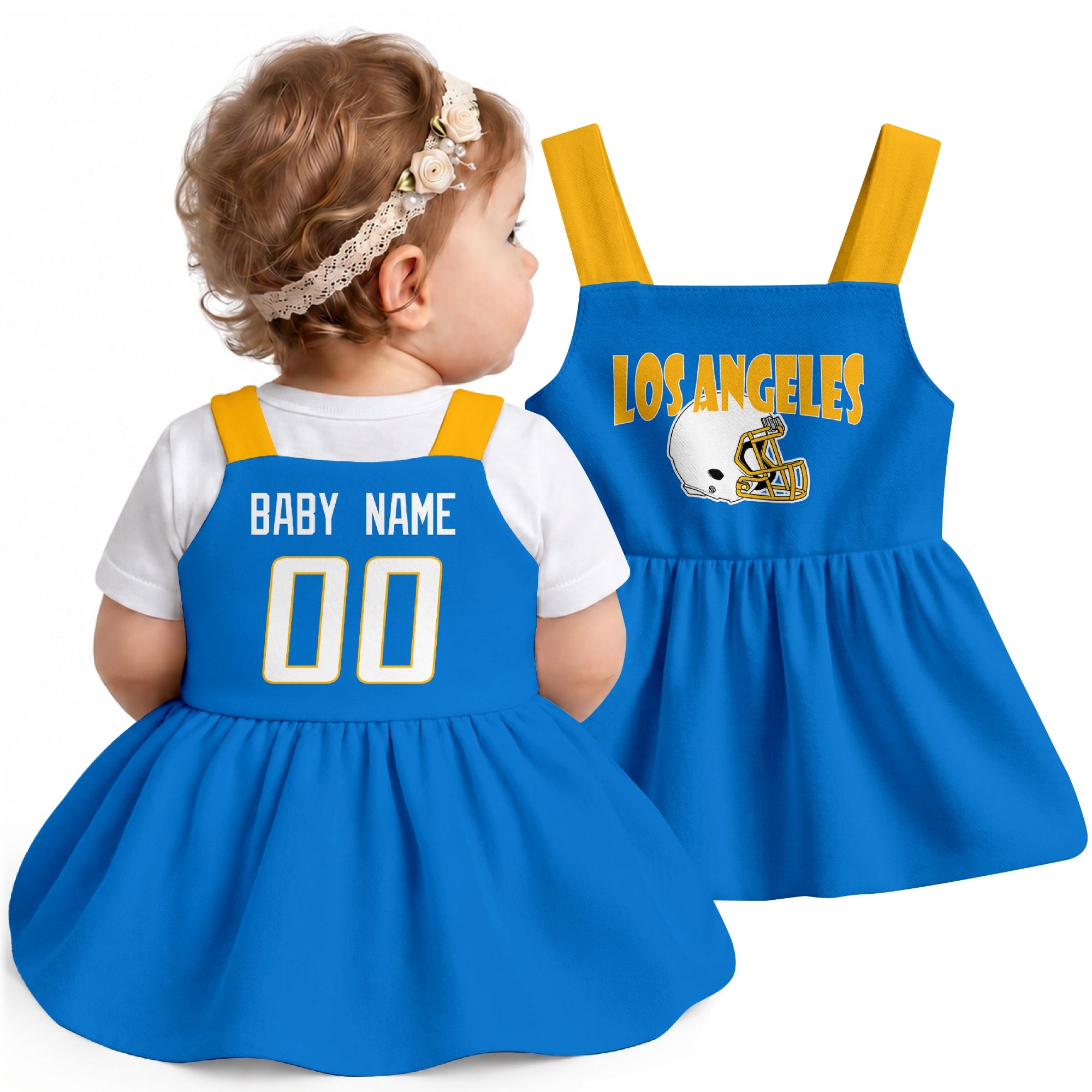 Personalized Los Angeles football baby suspender dress shown on baby in Blue city-color style