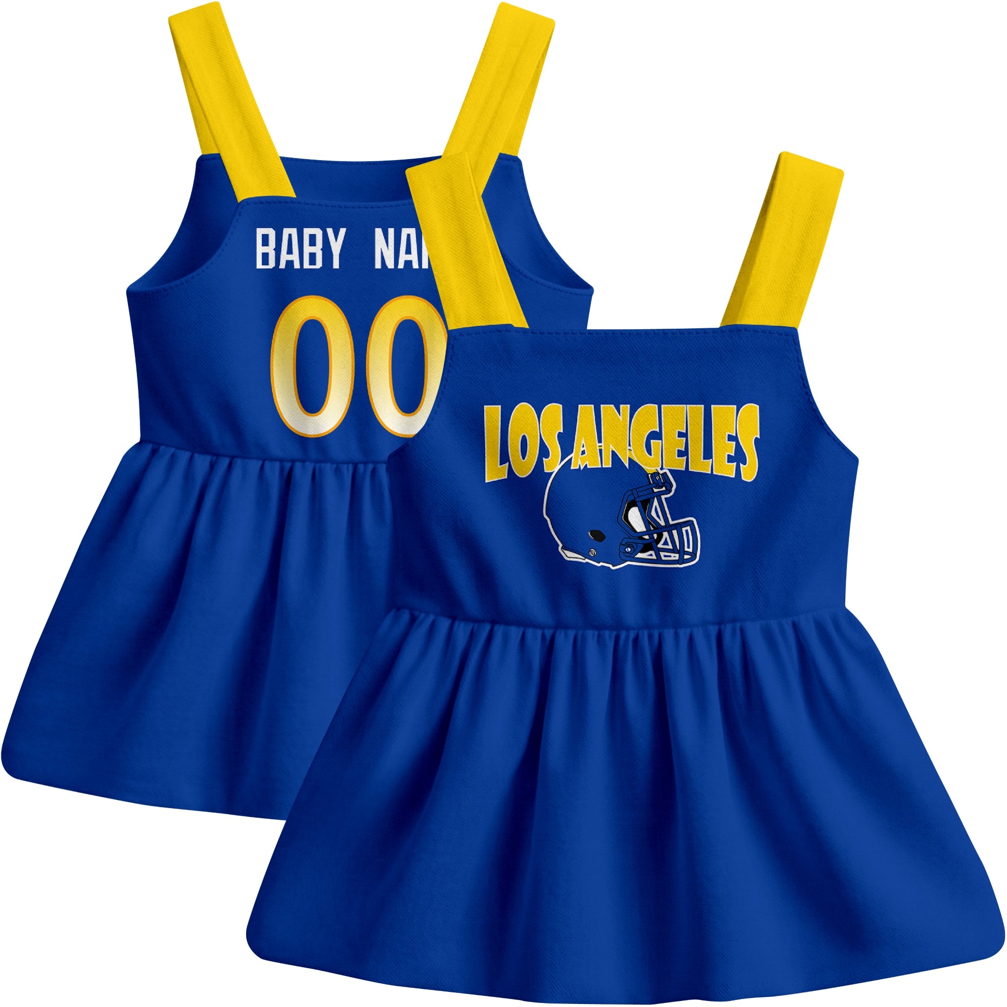 Los Angeles R football baby suspender dress front and back view in Royal city-color style