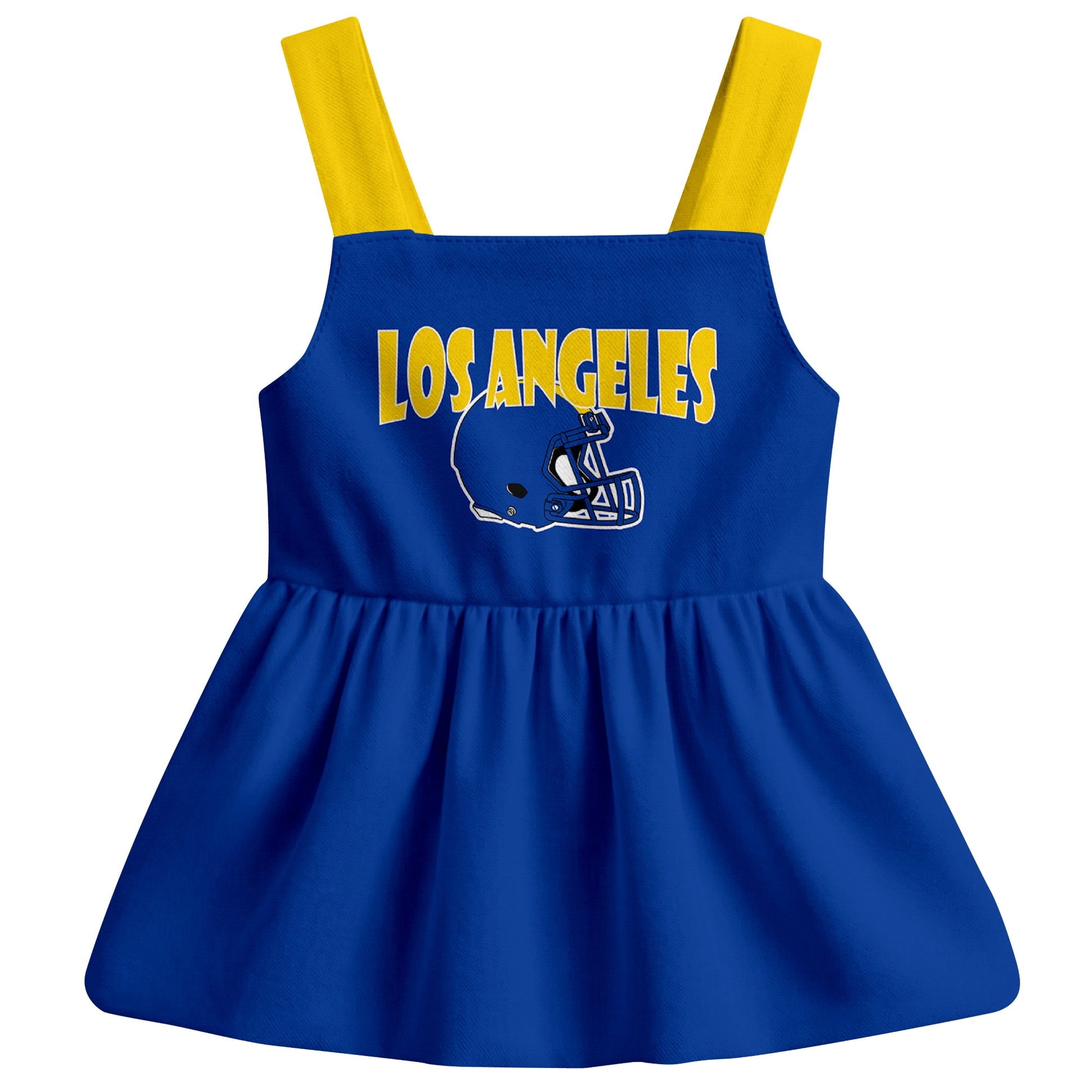 Los Angeles R football baby suspender dress front view with city-color football graphic