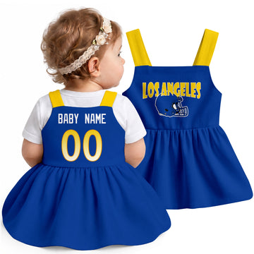Personalized Los Angeles R football baby suspender dress shown on baby in Royal city-color style