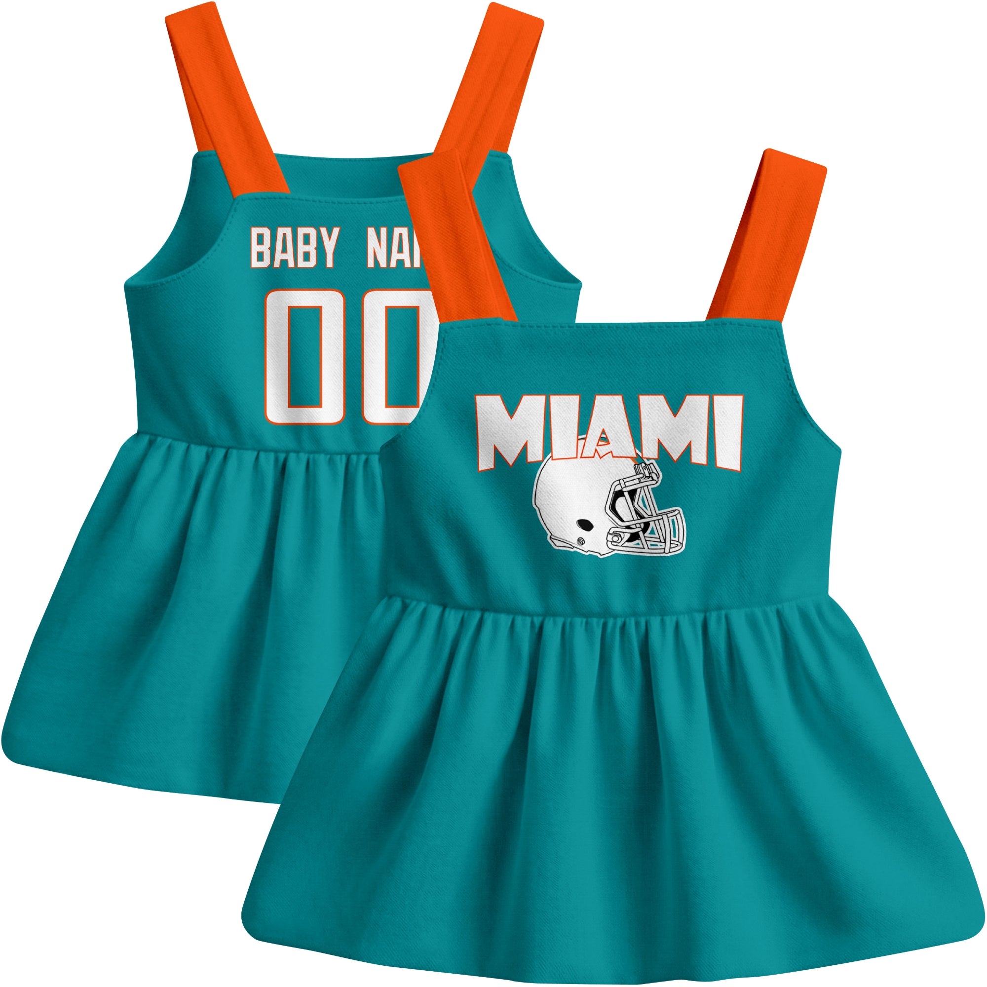 Miami football baby suspender dress front and back view in Aqua city-color style