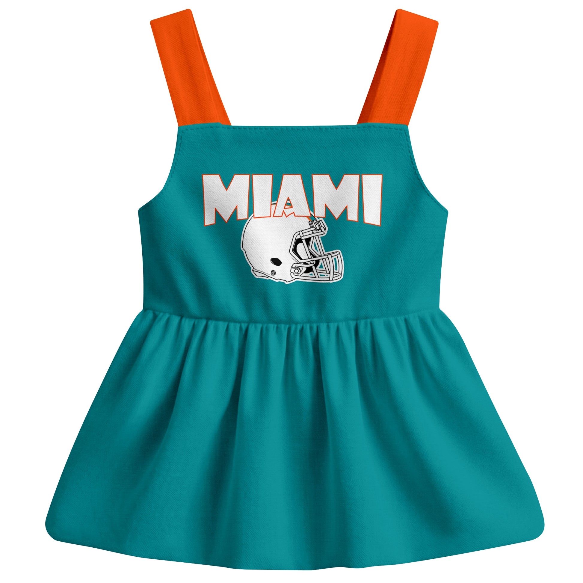 Miami football baby suspender dress front view with city-color football graphic