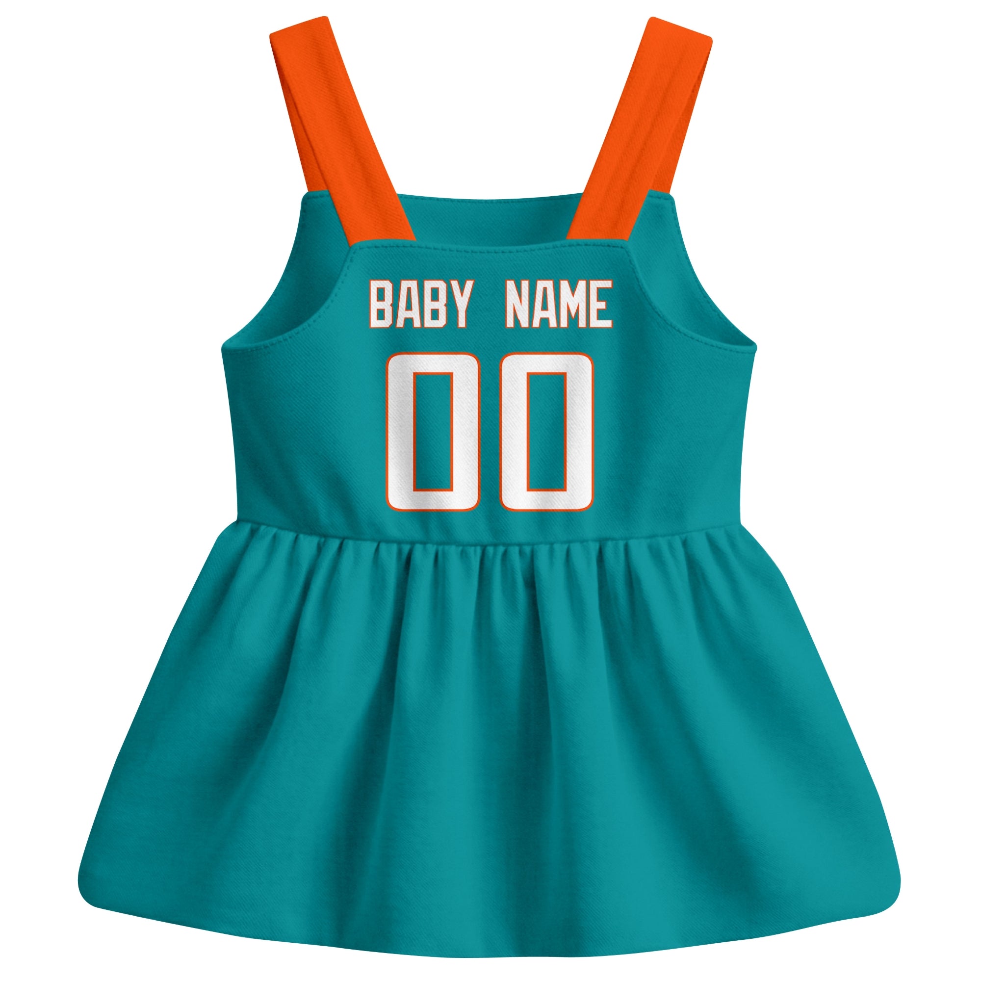 Miami football baby suspender dress back view with custom baby name and number