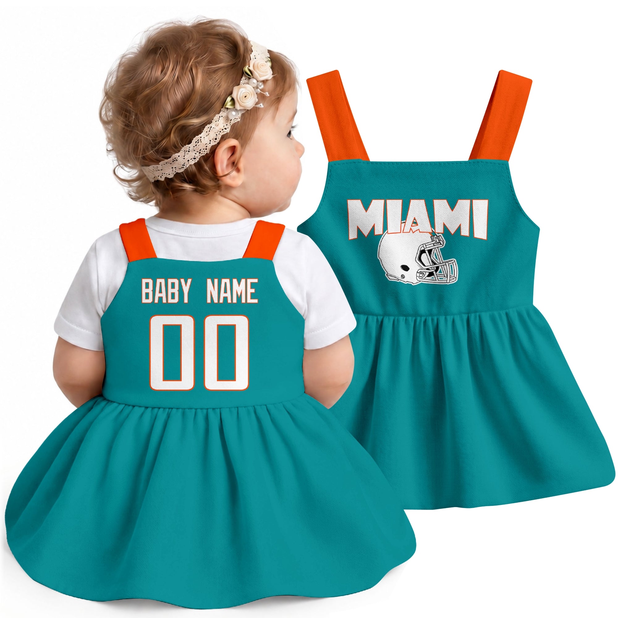 Personalized Miami football baby suspender dress shown on baby in Aqua city-color style