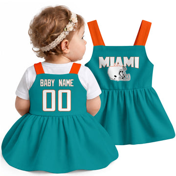 Personalized Miami football baby suspender dress shown on baby in Aqua city-color style