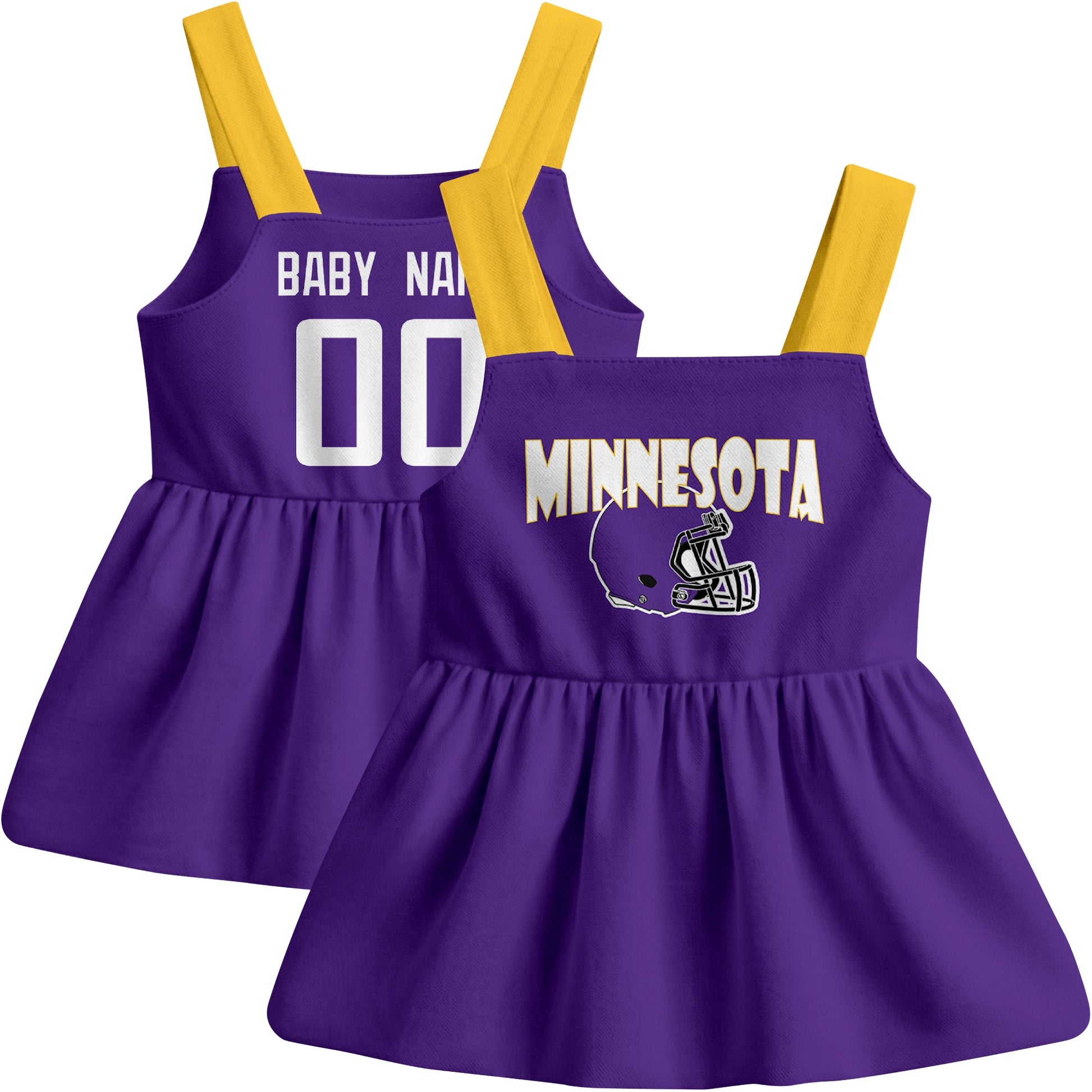Minnesota football baby suspender dress front and back view in Purple city-color style