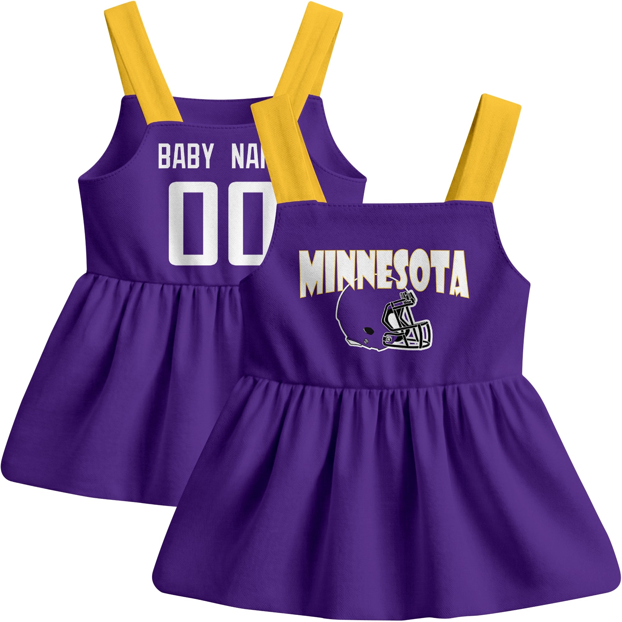 Minnesota football baby suspender dress front and back view in Purple city-color style