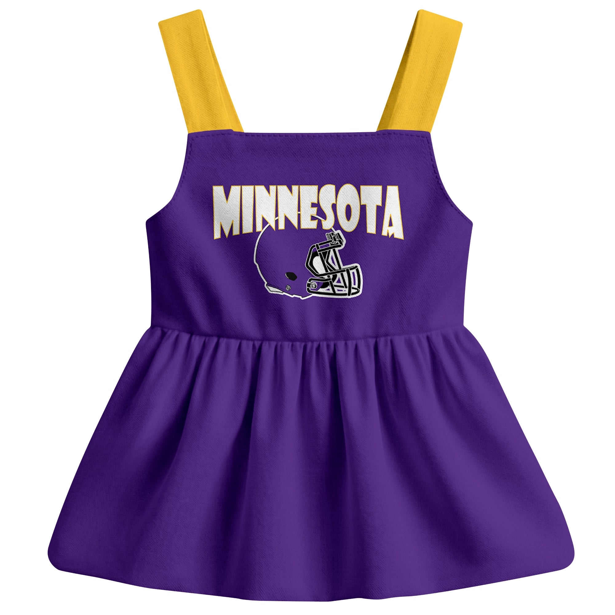 Minnesota football baby suspender dress front view with city-color football graphic