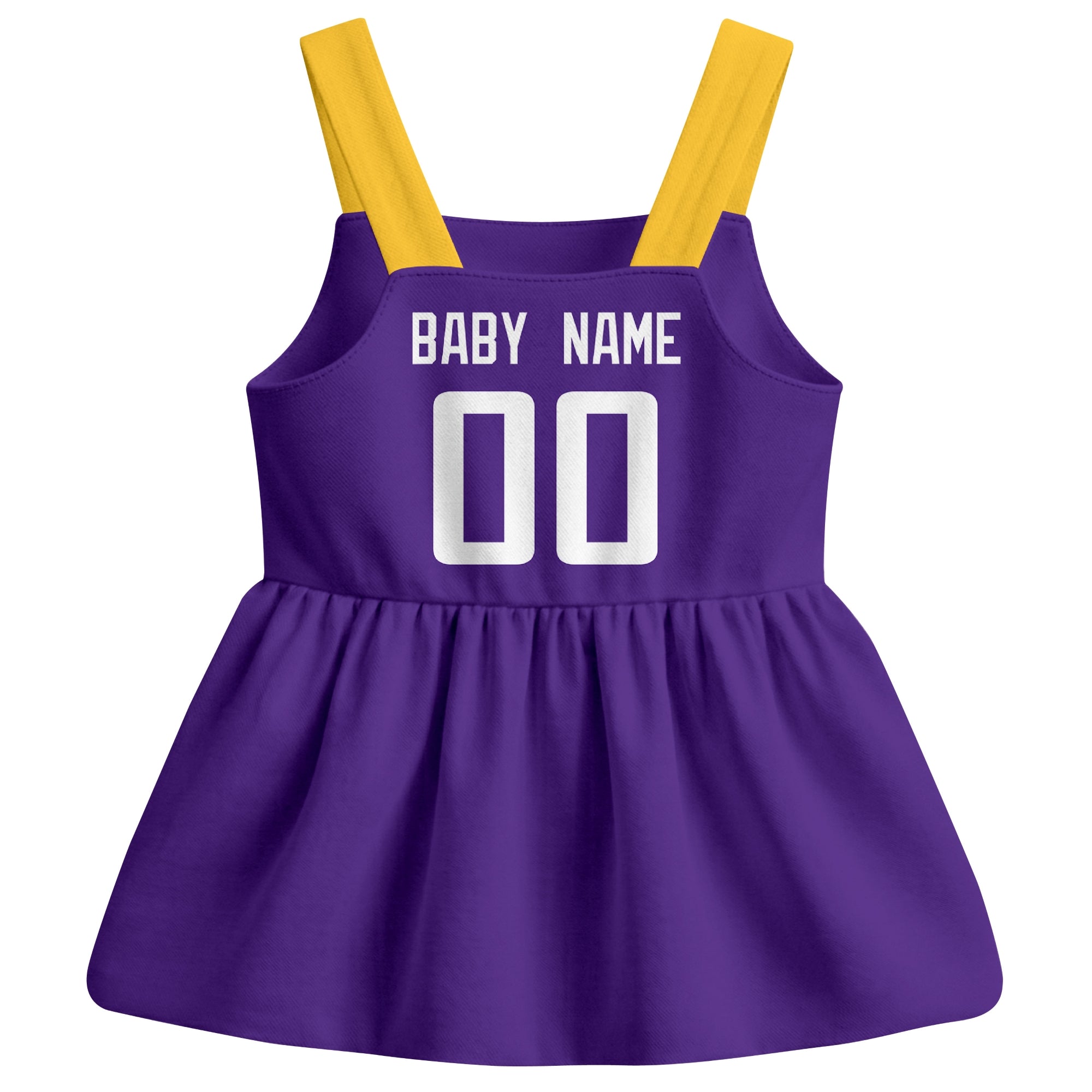 Minnesota football baby suspender dress back view with custom baby name and number