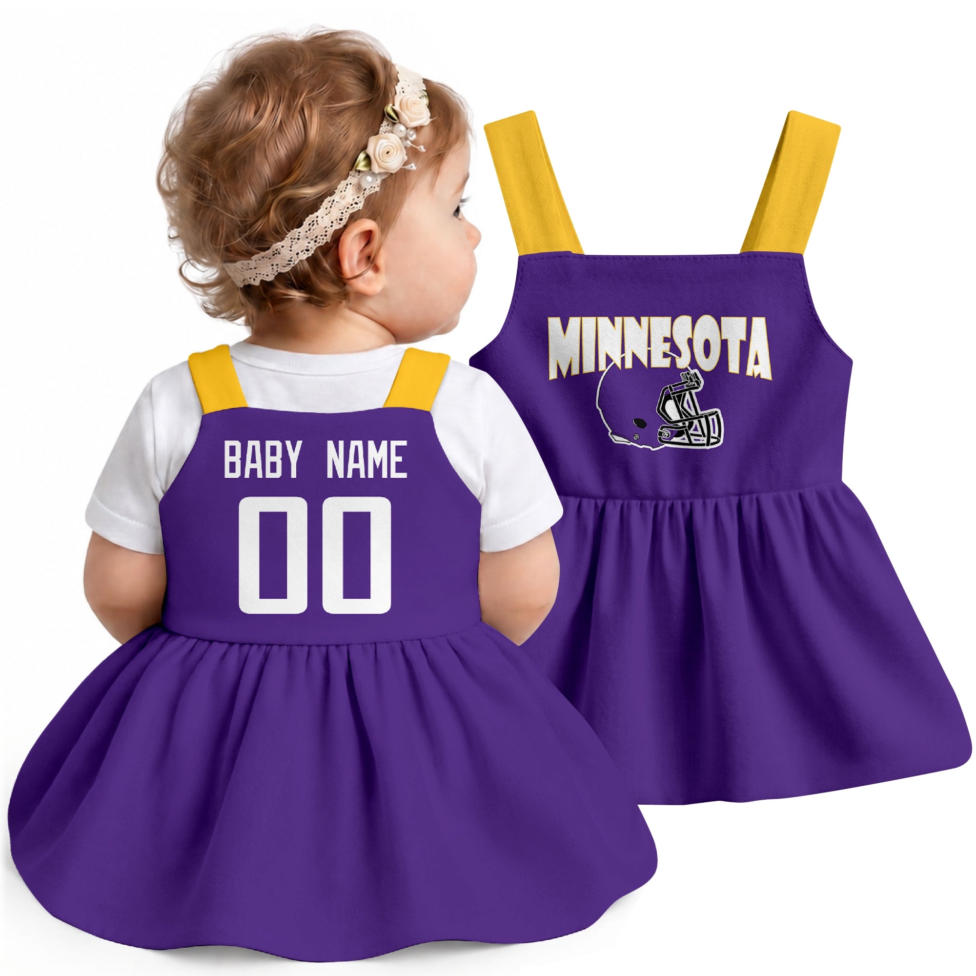 Personalized Minnesota football baby suspender dress shown on baby in Purple city-color style