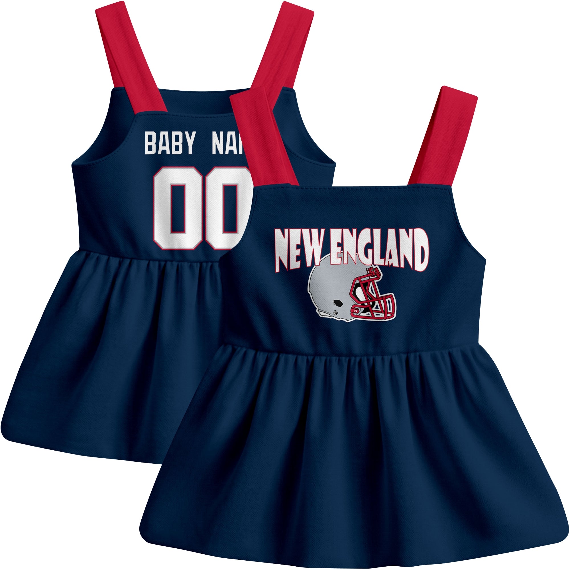 New England football baby suspender dress front and back view in Navy city-color style
