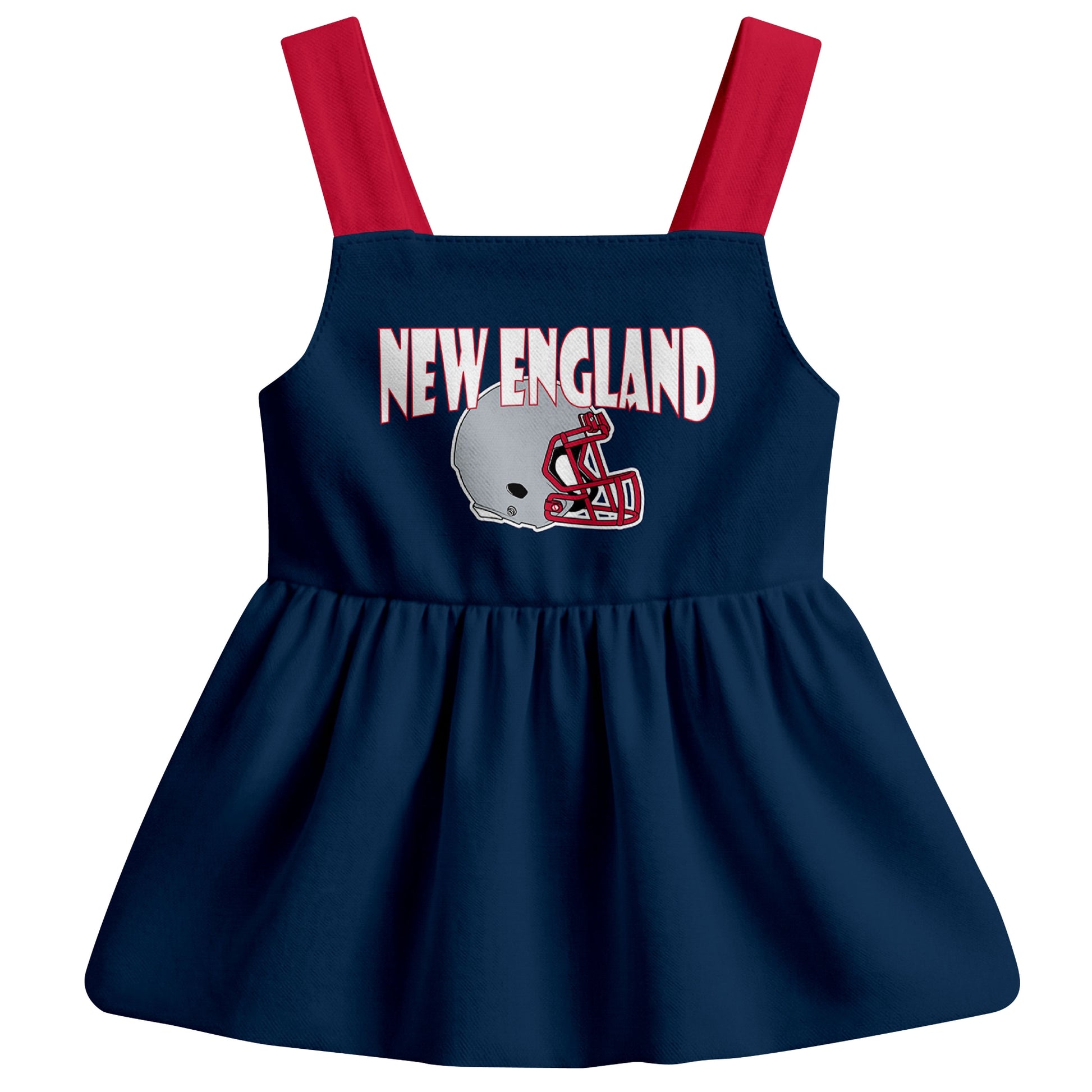 New England football baby suspender dress front view with city-color football graphic