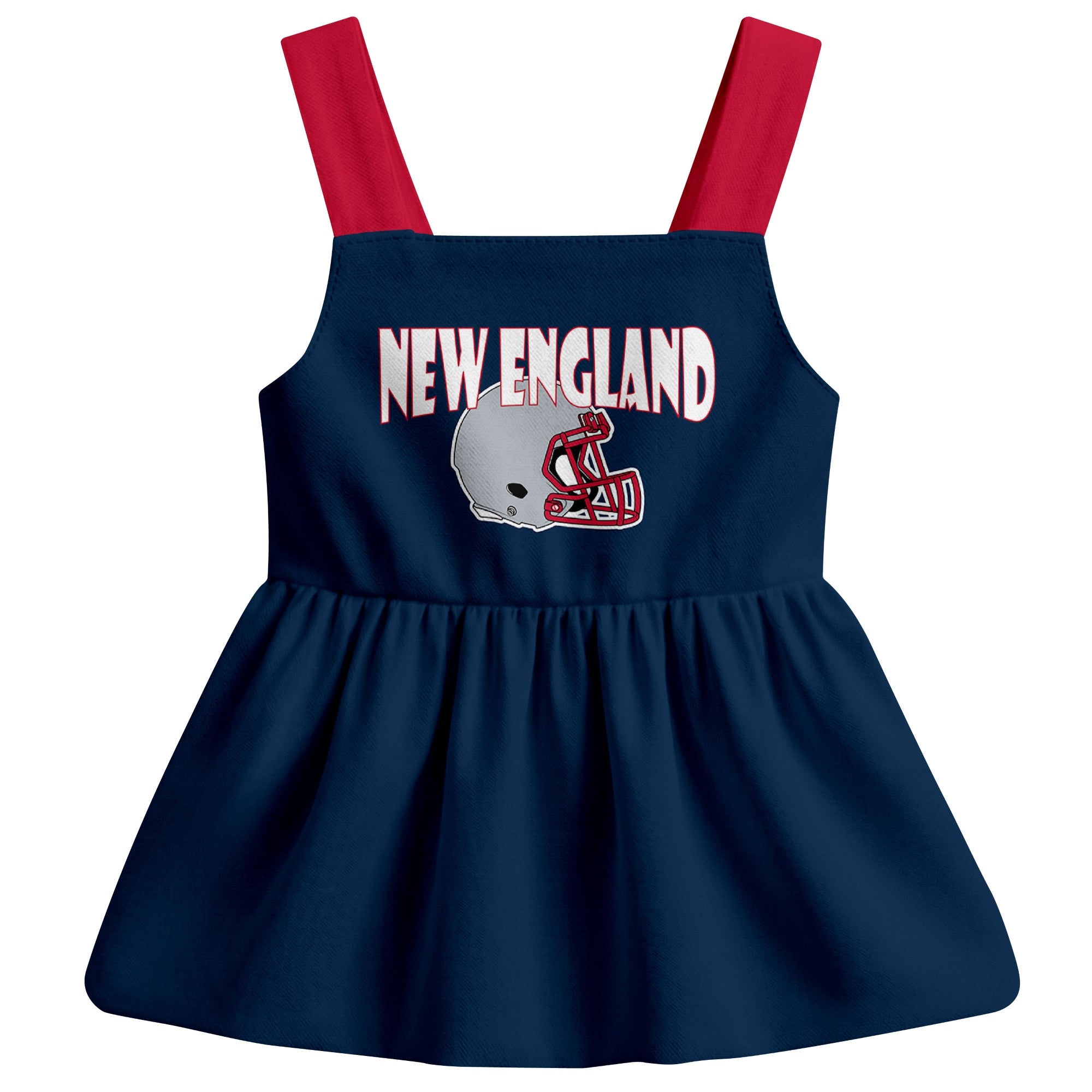 New England football baby suspender dress front view with city-color football graphic