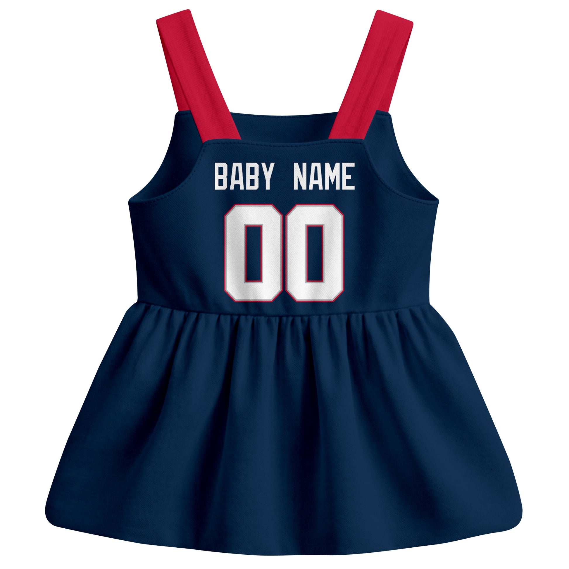 New England football baby suspender dress back view with custom baby name and number