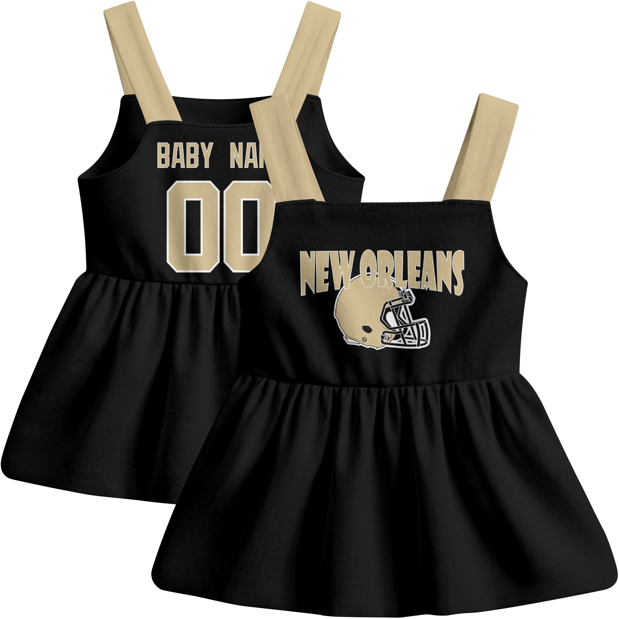 New Orleans football baby suspender dress front and back view in Black city-color style