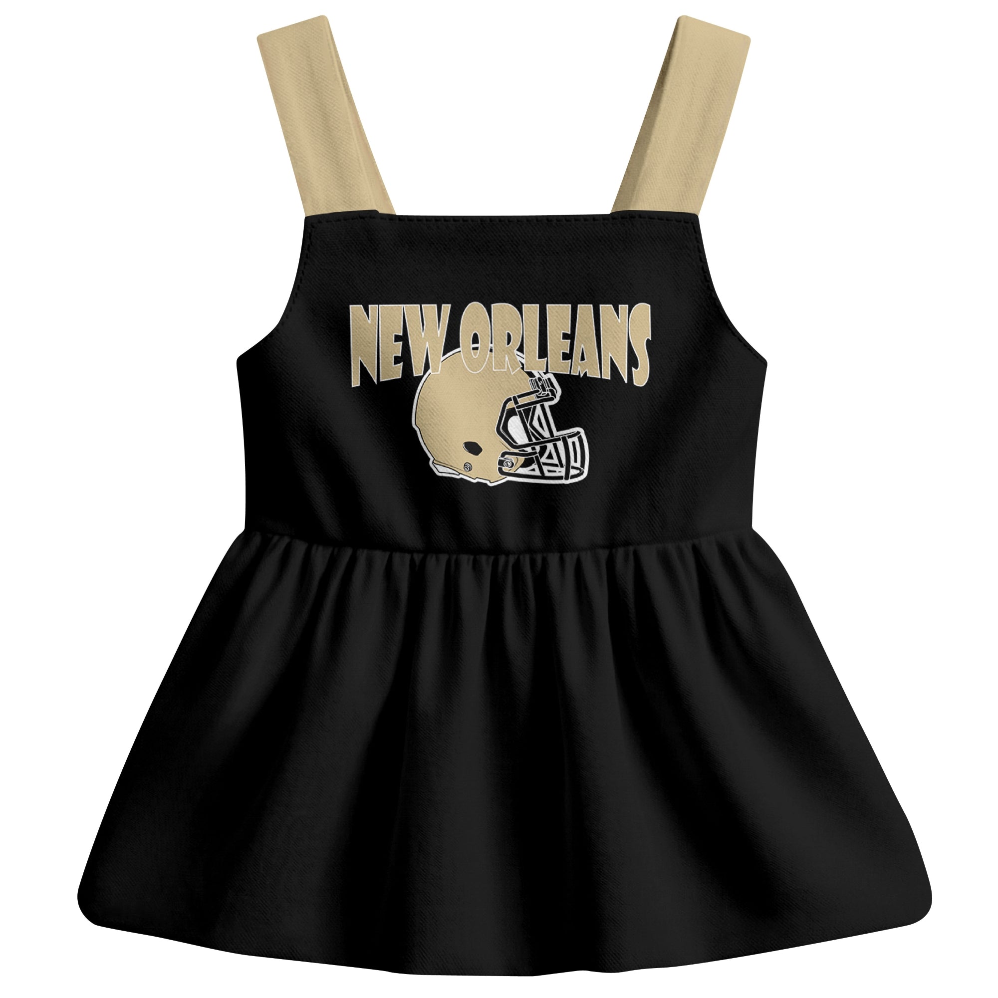 New Orleans football baby suspender dress front view with city-color football graphic