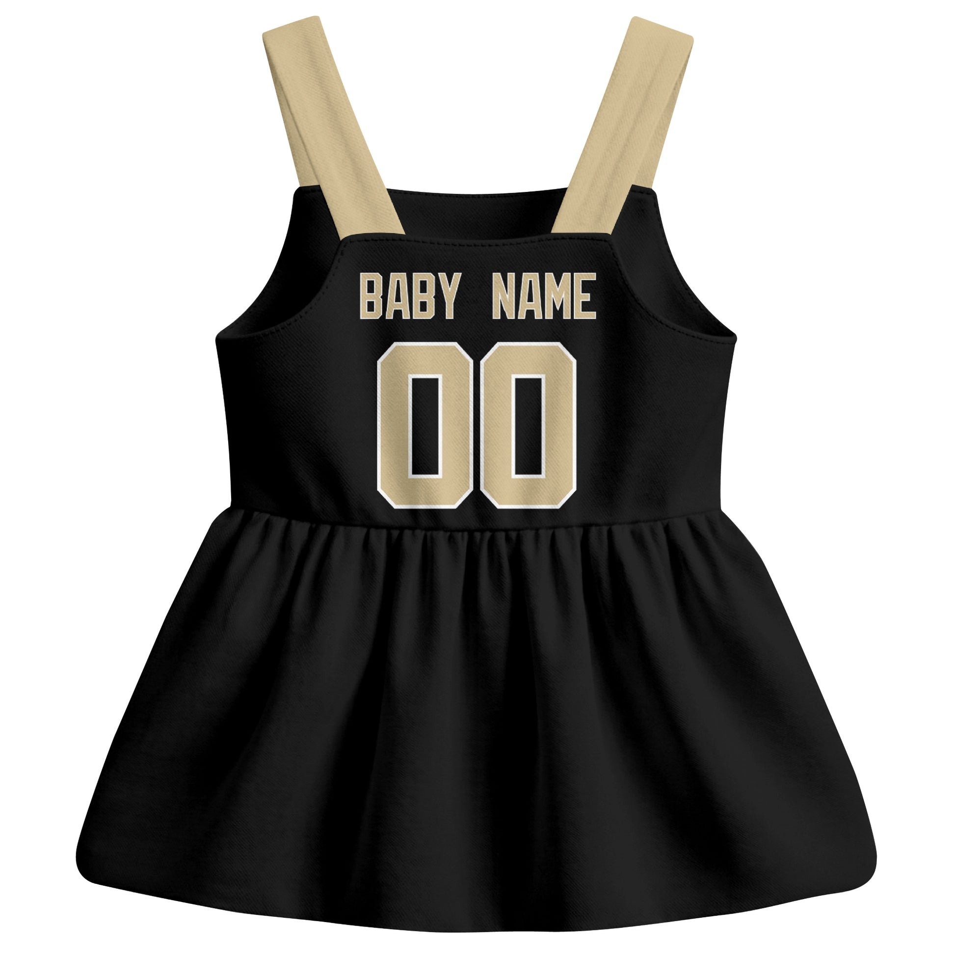 New Orleans football baby suspender dress back view with custom baby name and number