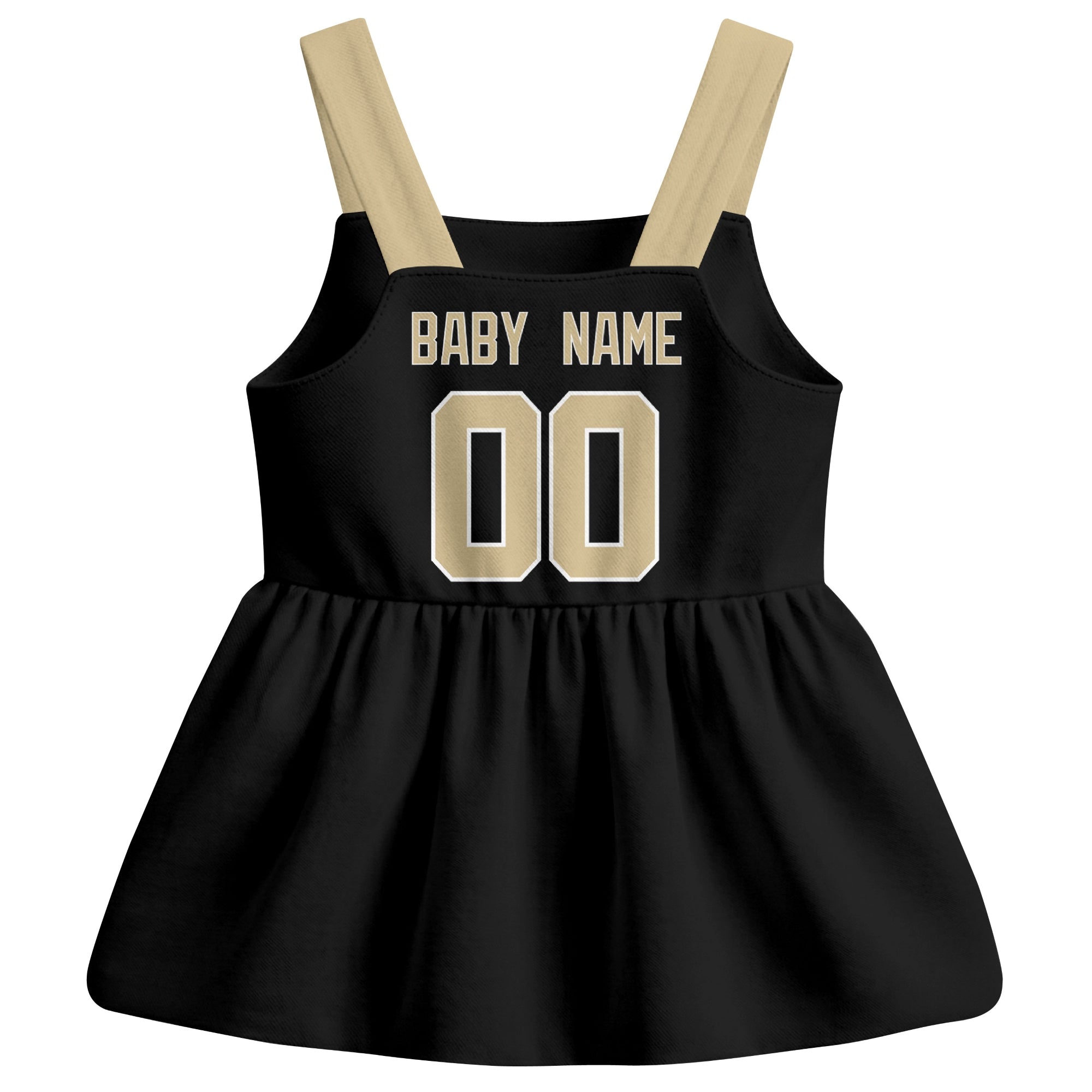 New Orleans football baby suspender dress back view with custom baby name and number