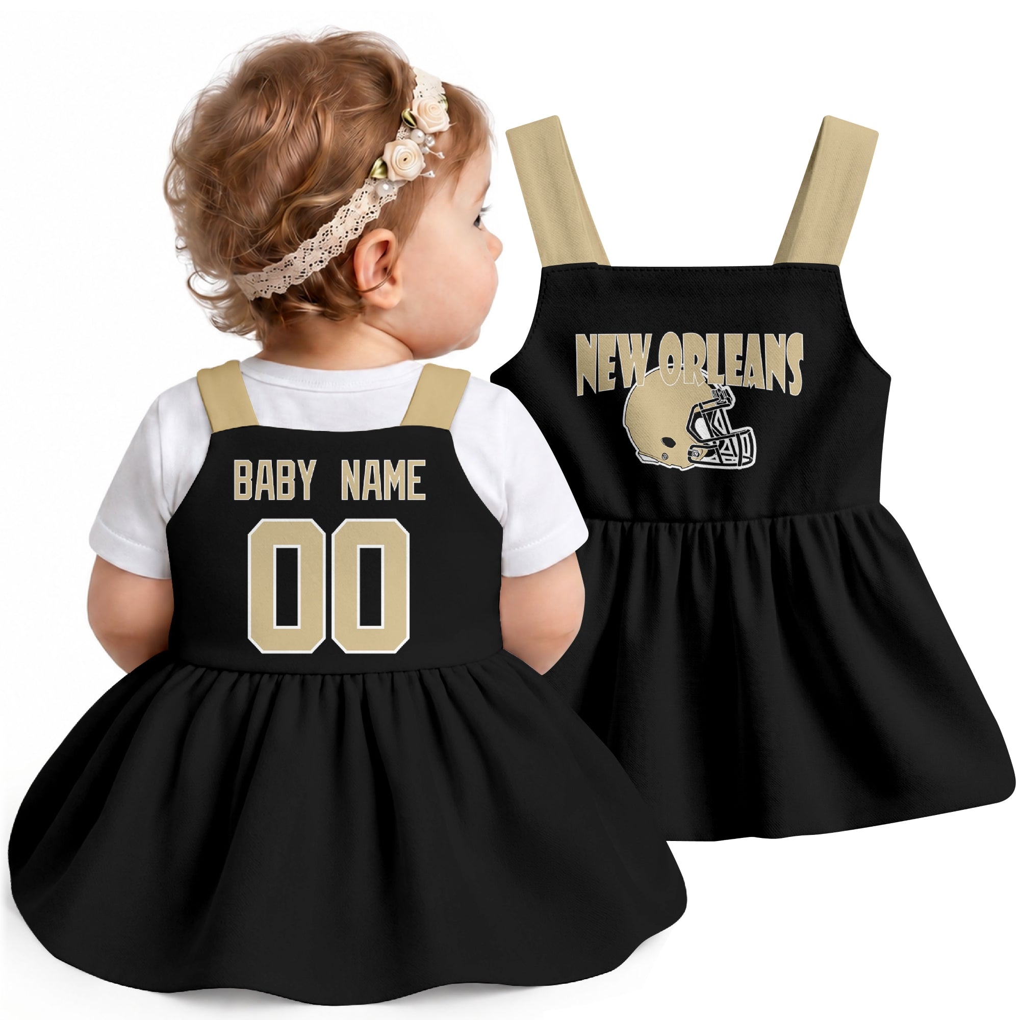 Personalized New Orleans football baby suspender dress shown on baby in Black city-color style