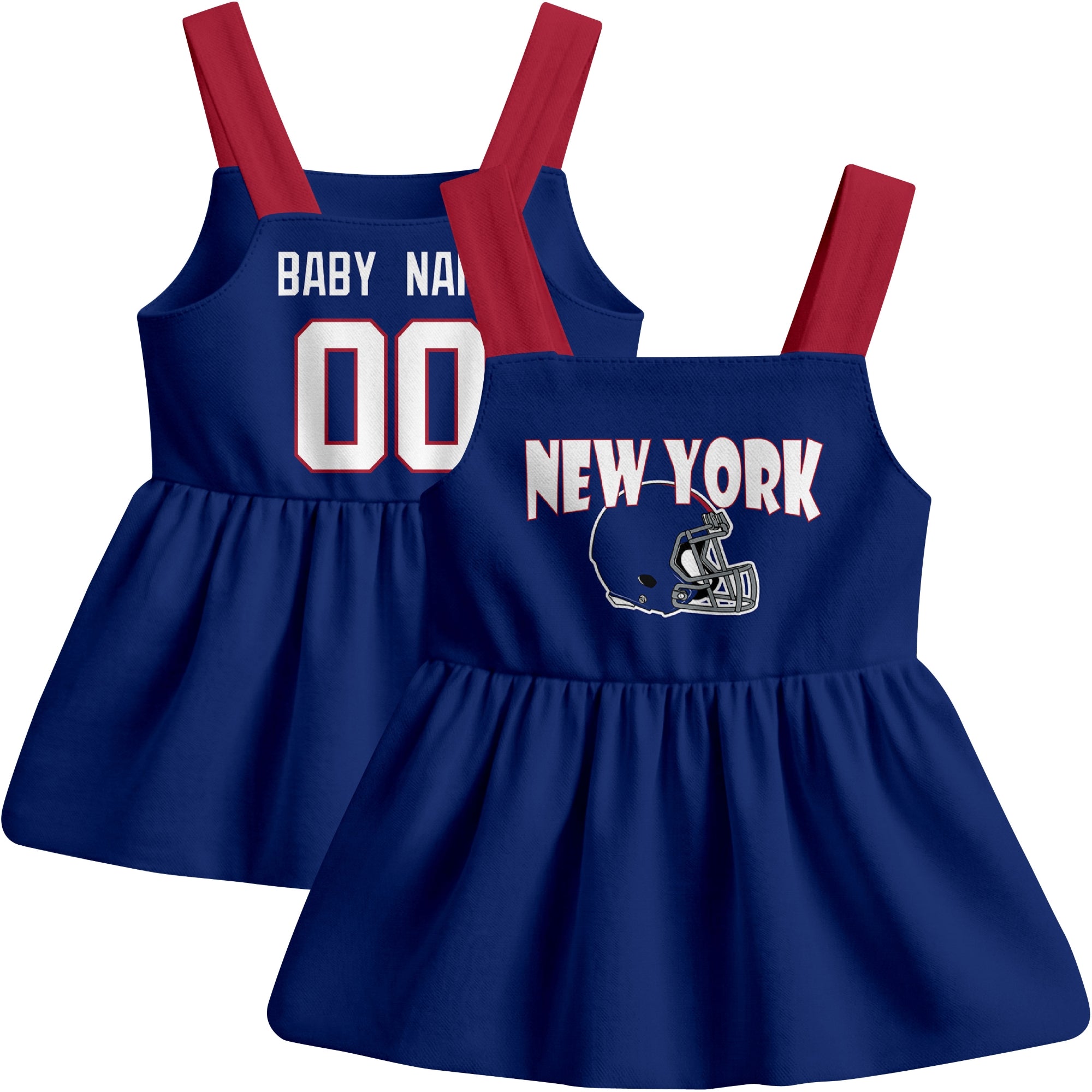 New York football baby suspender dress front and back view in Royal city-color style