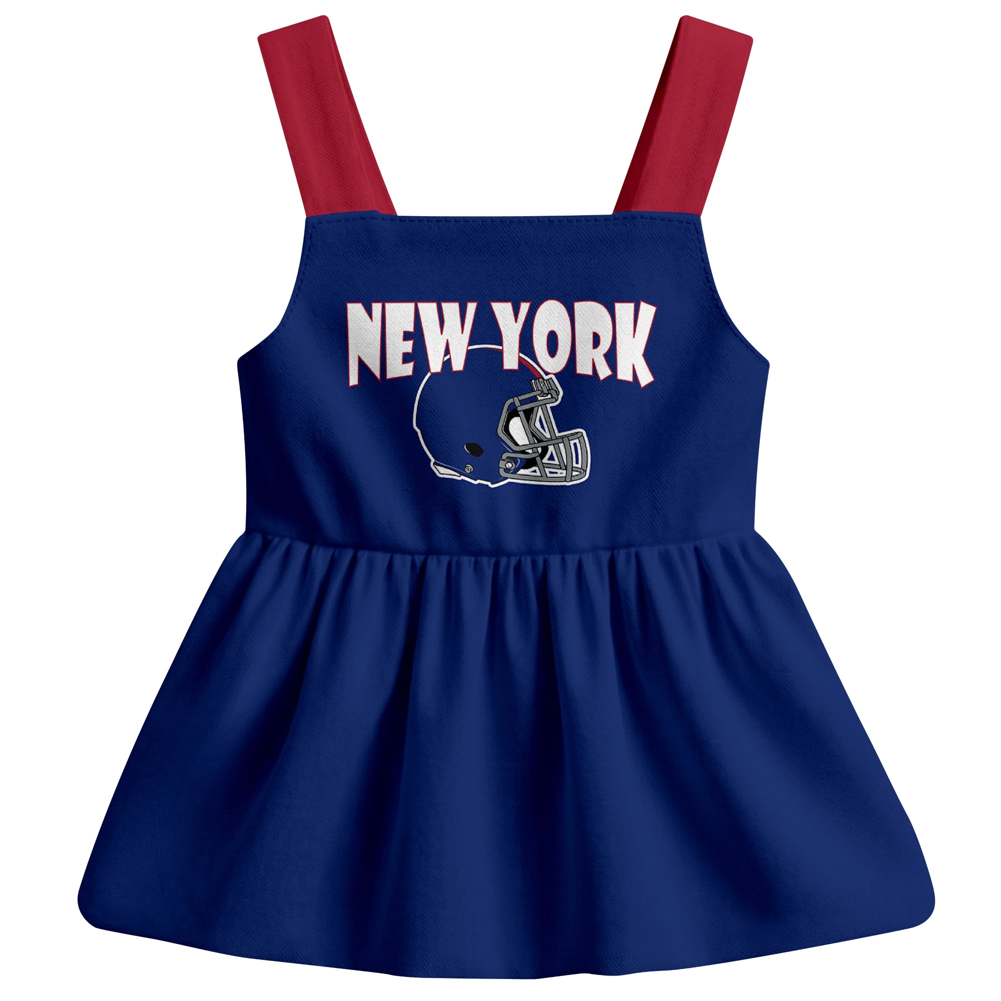 New York football baby suspender dress front view with city-color football graphic