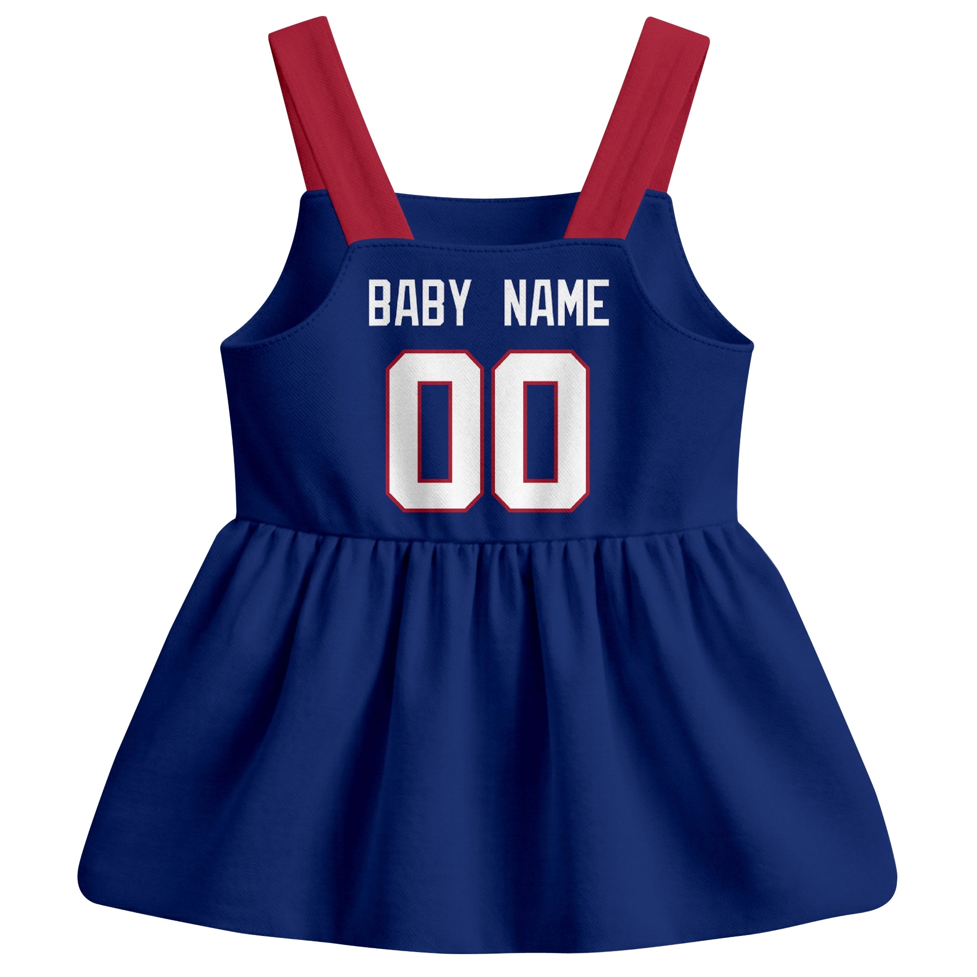 New York football baby suspender dress back view with custom baby name and number