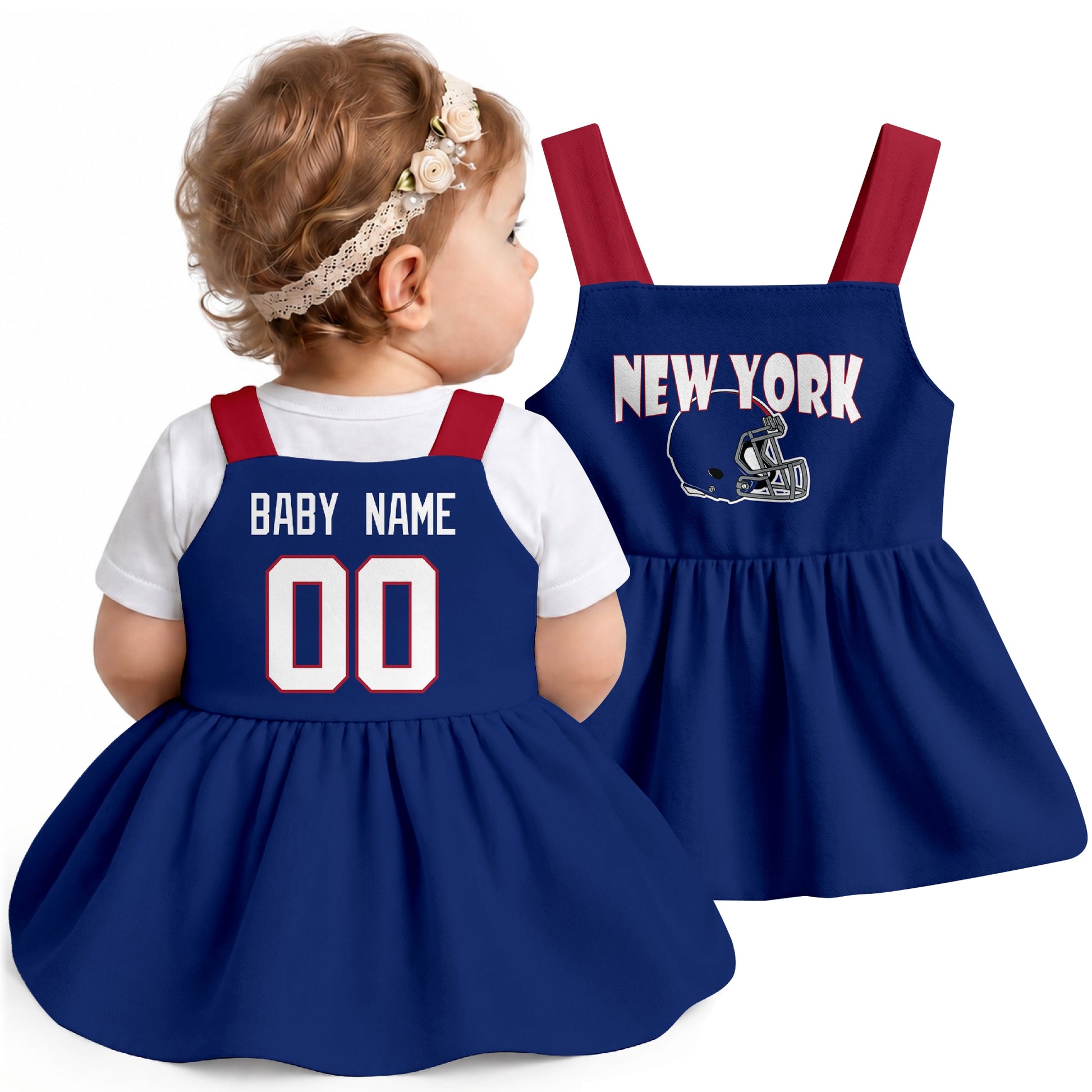 Personalized New York football baby suspender dress shown on baby in Royal city-color style