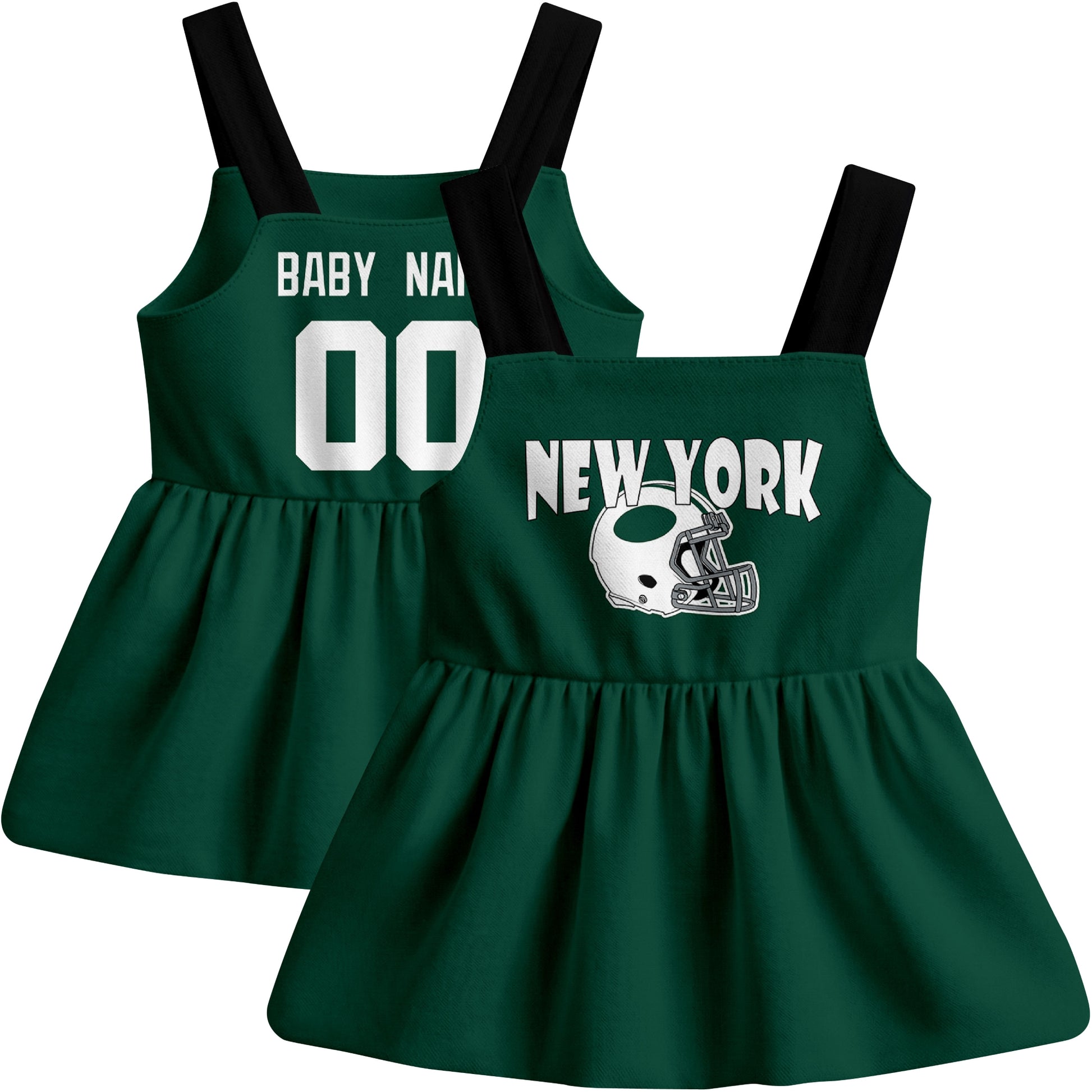New York J football baby suspender dress front and back view in Green city-color style