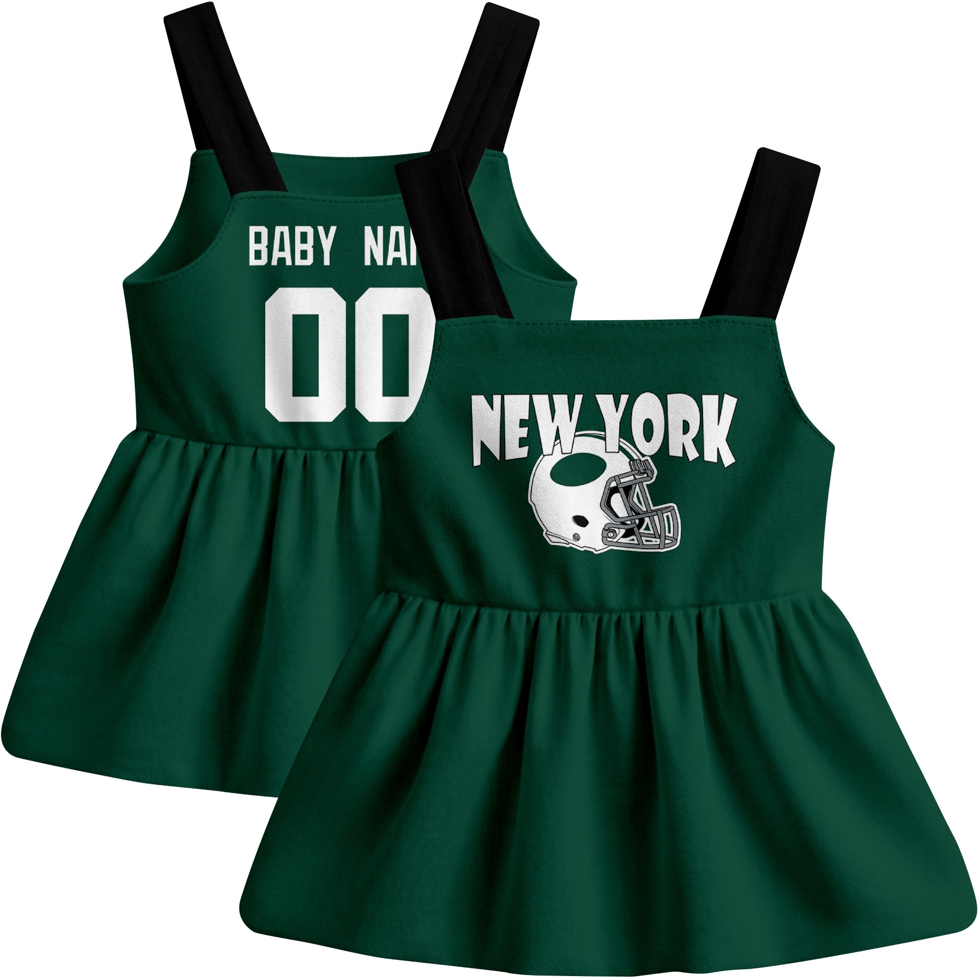 New York J football baby suspender dress front and back view in Green city-color style