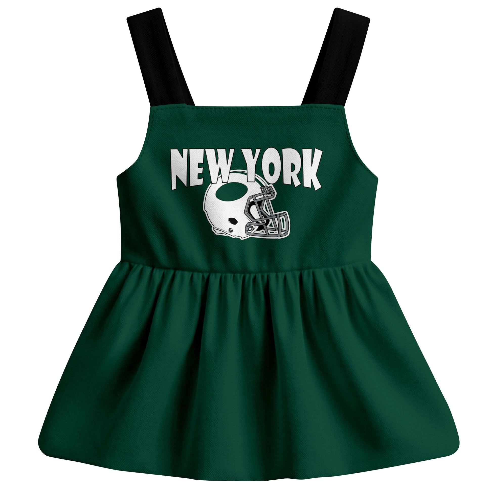 New York J football baby suspender dress front view with city-color football graphic