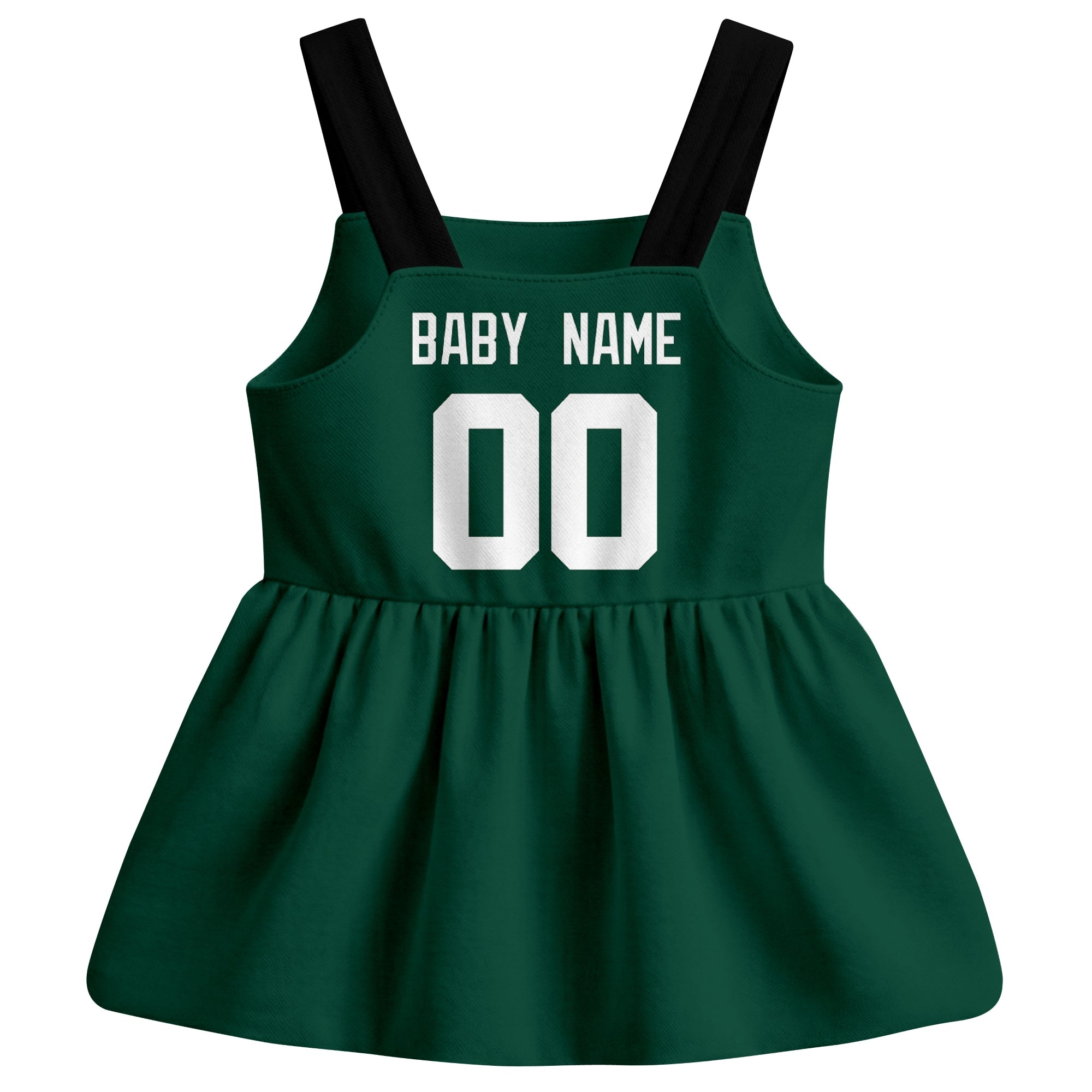 New York J football baby suspender dress back view with custom baby name and number