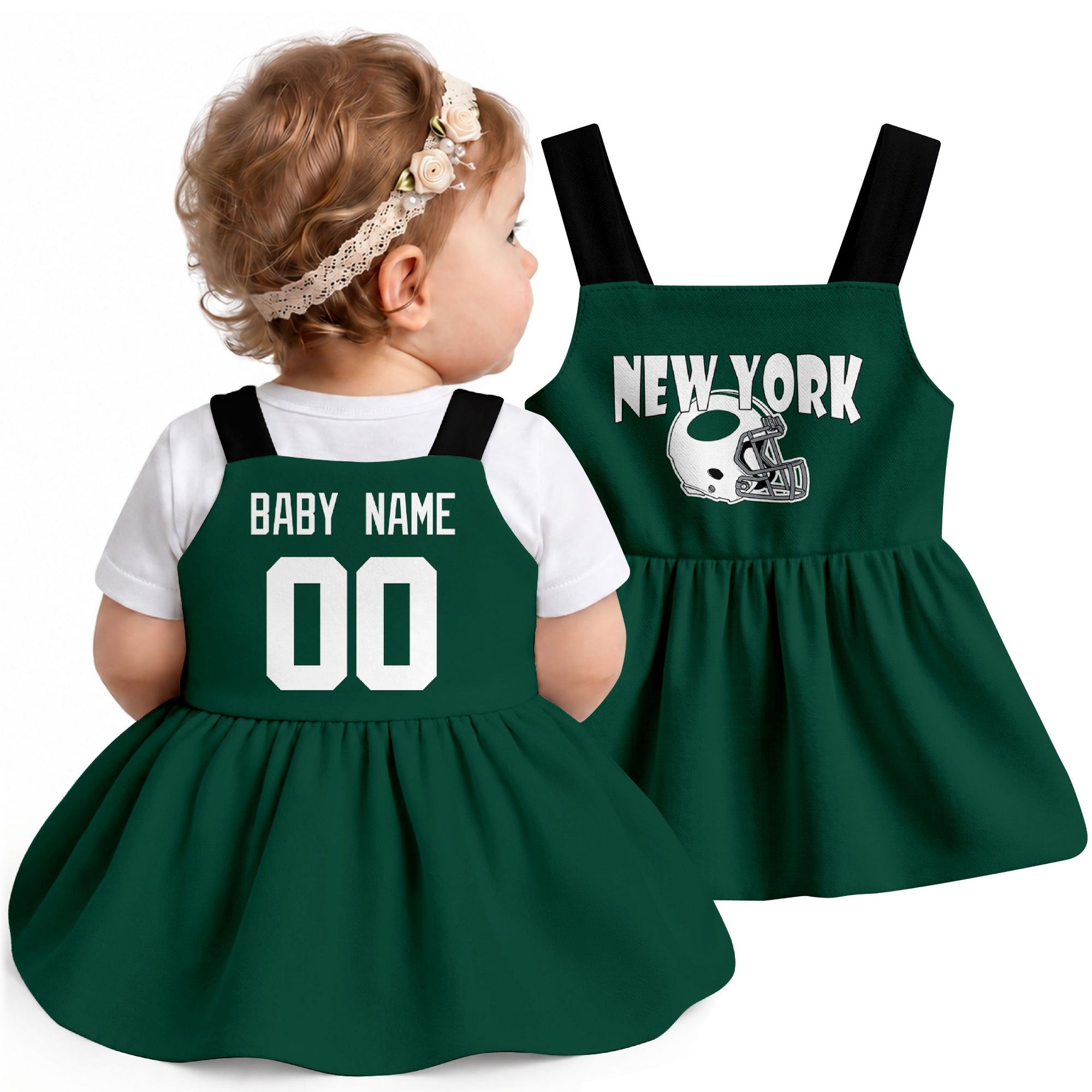 Personalized New York J football baby suspender dress shown on baby in Green city-color style