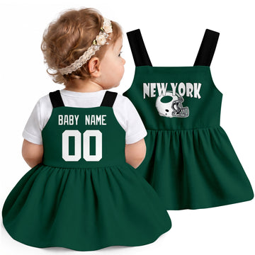 Personalized New York J football baby suspender dress shown on baby in Green city-color style