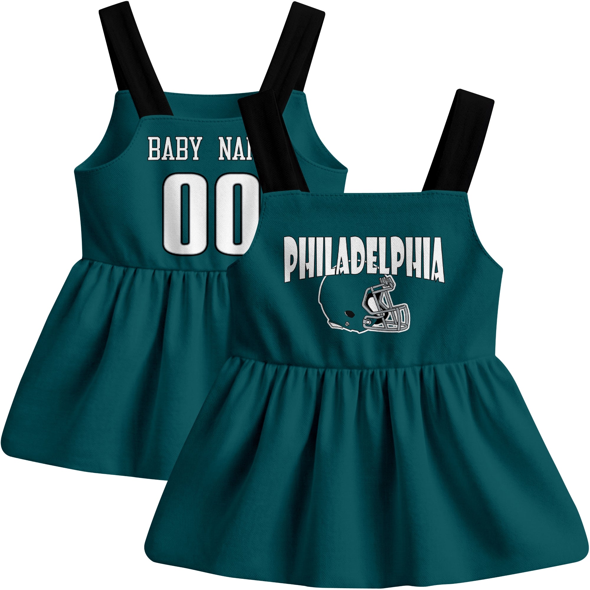 Philadelphia football baby suspender dress front and back view in Midnight Green city-color style
