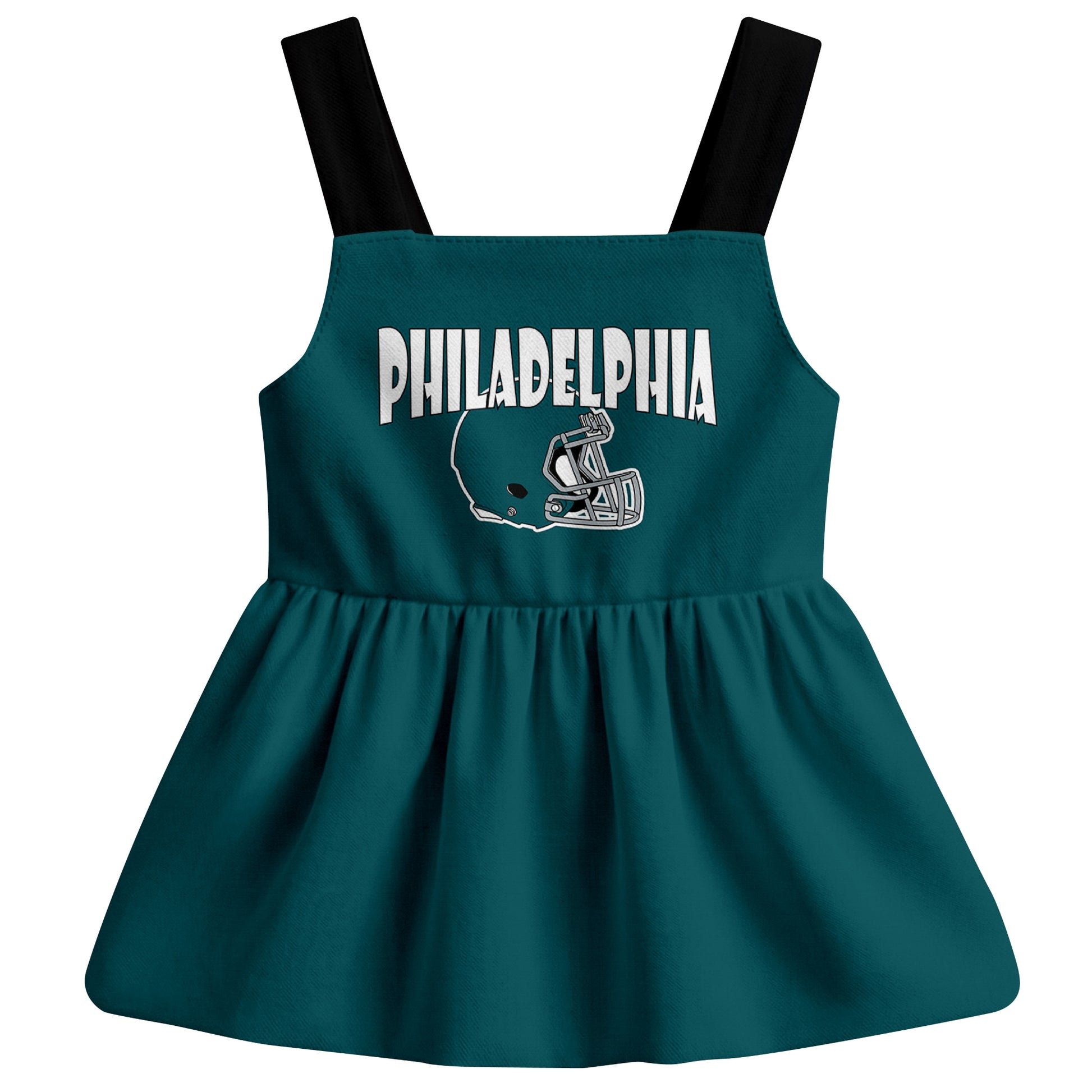 Philadelphia football baby suspender dress front view with city-color football graphic