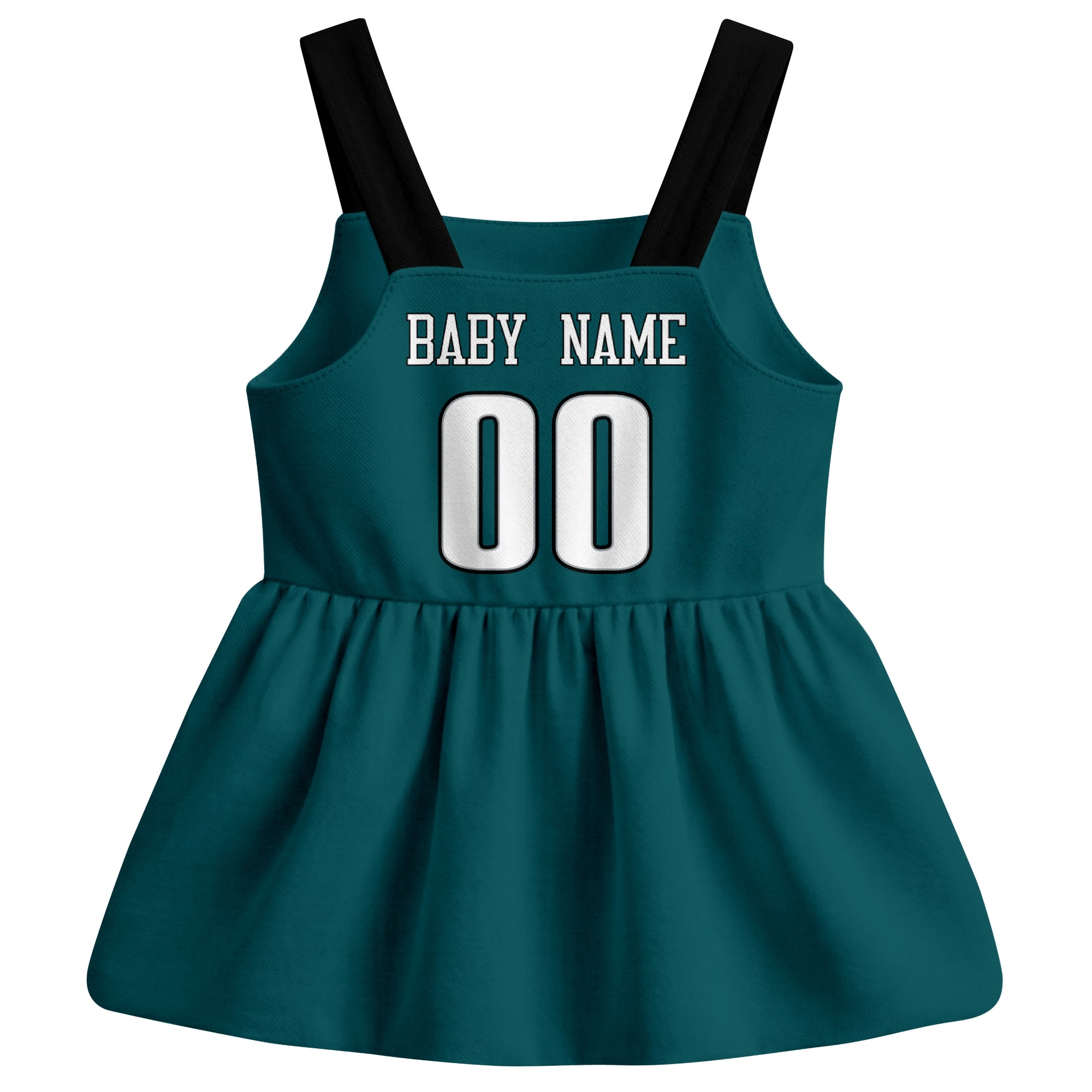 Philadelphia football baby suspender dress back view with custom baby name and number