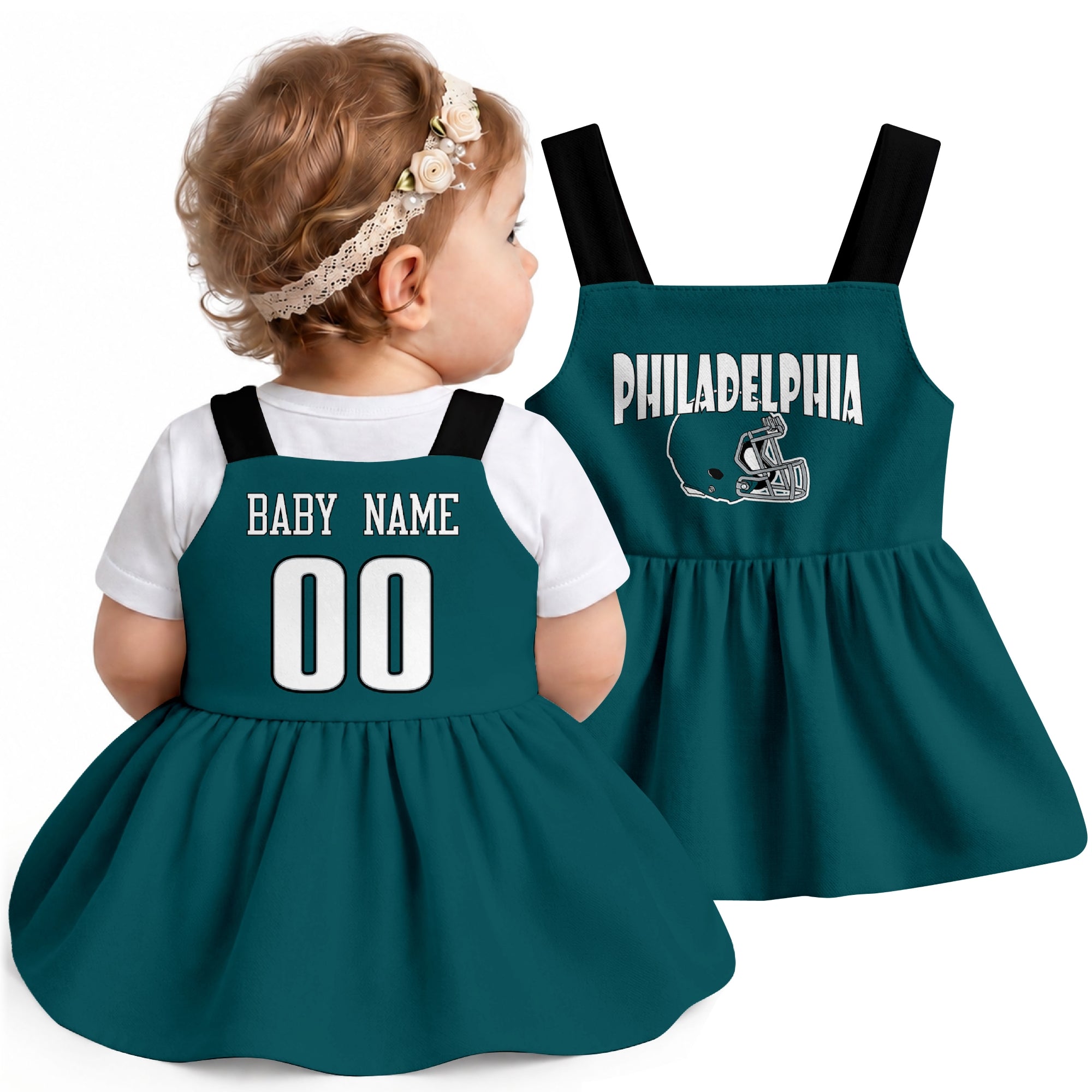Personalized Philadelphia football baby suspender dress shown on baby in Midnight Green city-color style