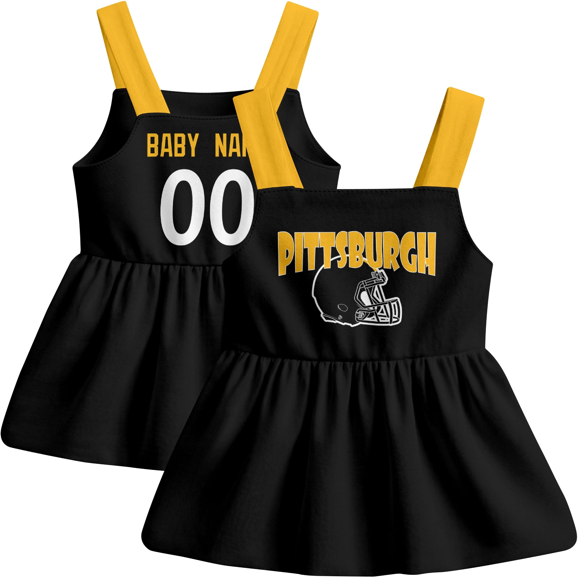 Pittsburgh football baby suspender dress front and back view in Black city-color style