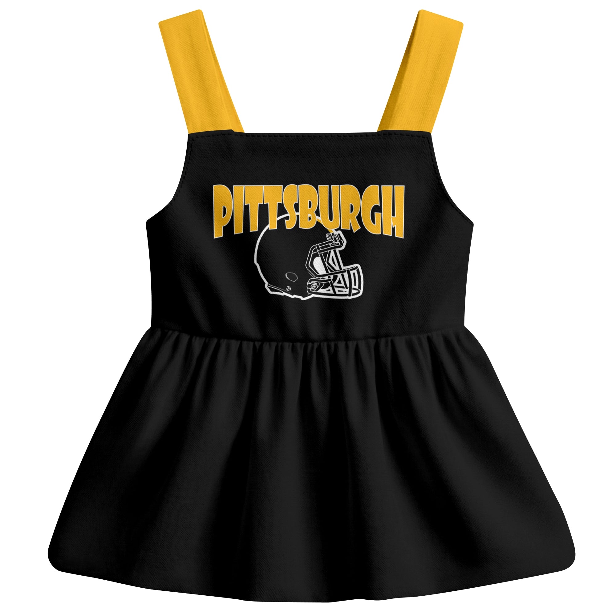 Pittsburgh football baby suspender dress front view with city-color football graphic