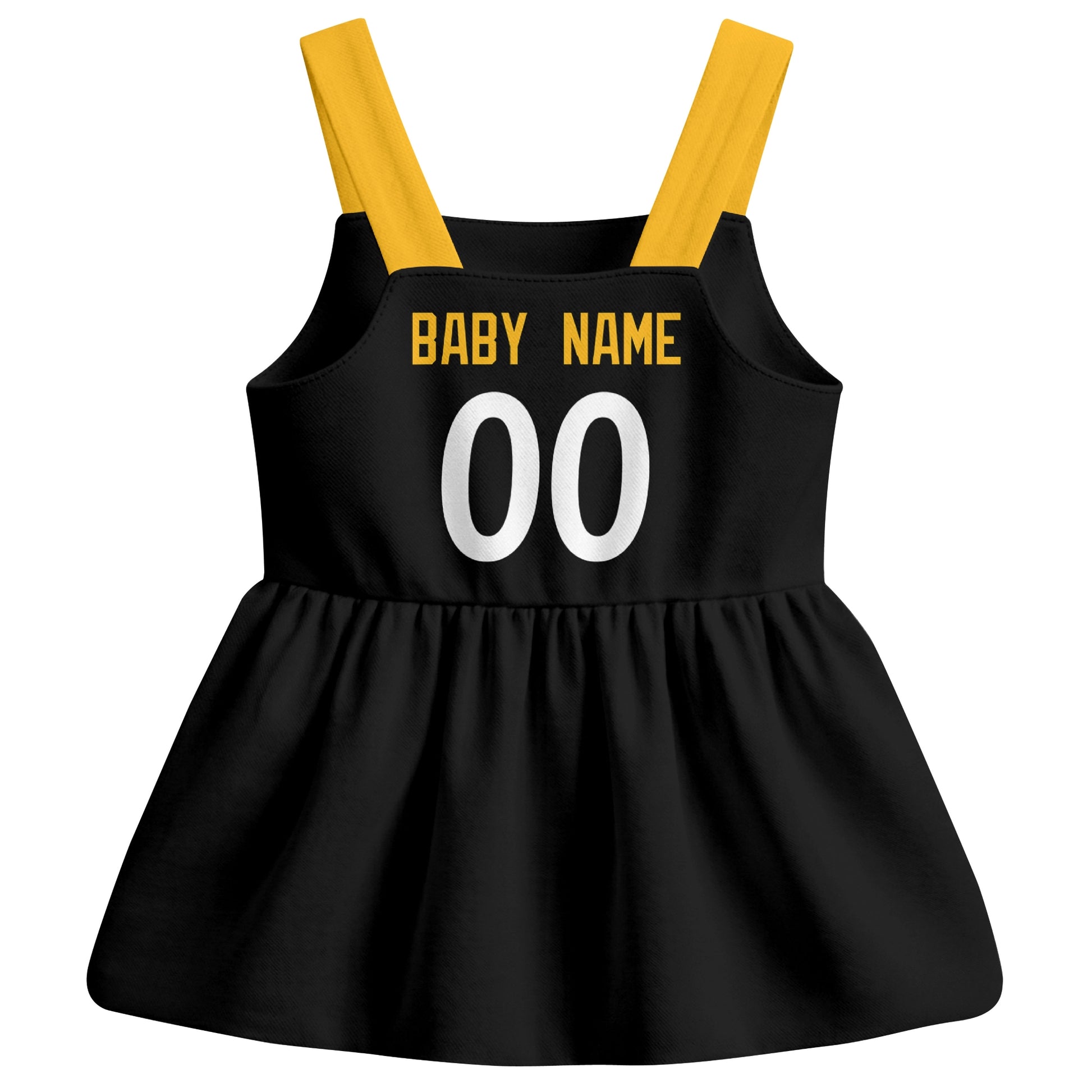 Pittsburgh football baby suspender dress back view with custom baby name and number