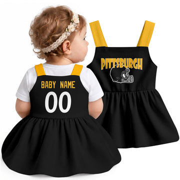 Personalized Pittsburgh football baby suspender dress shown on baby in Black city-color style