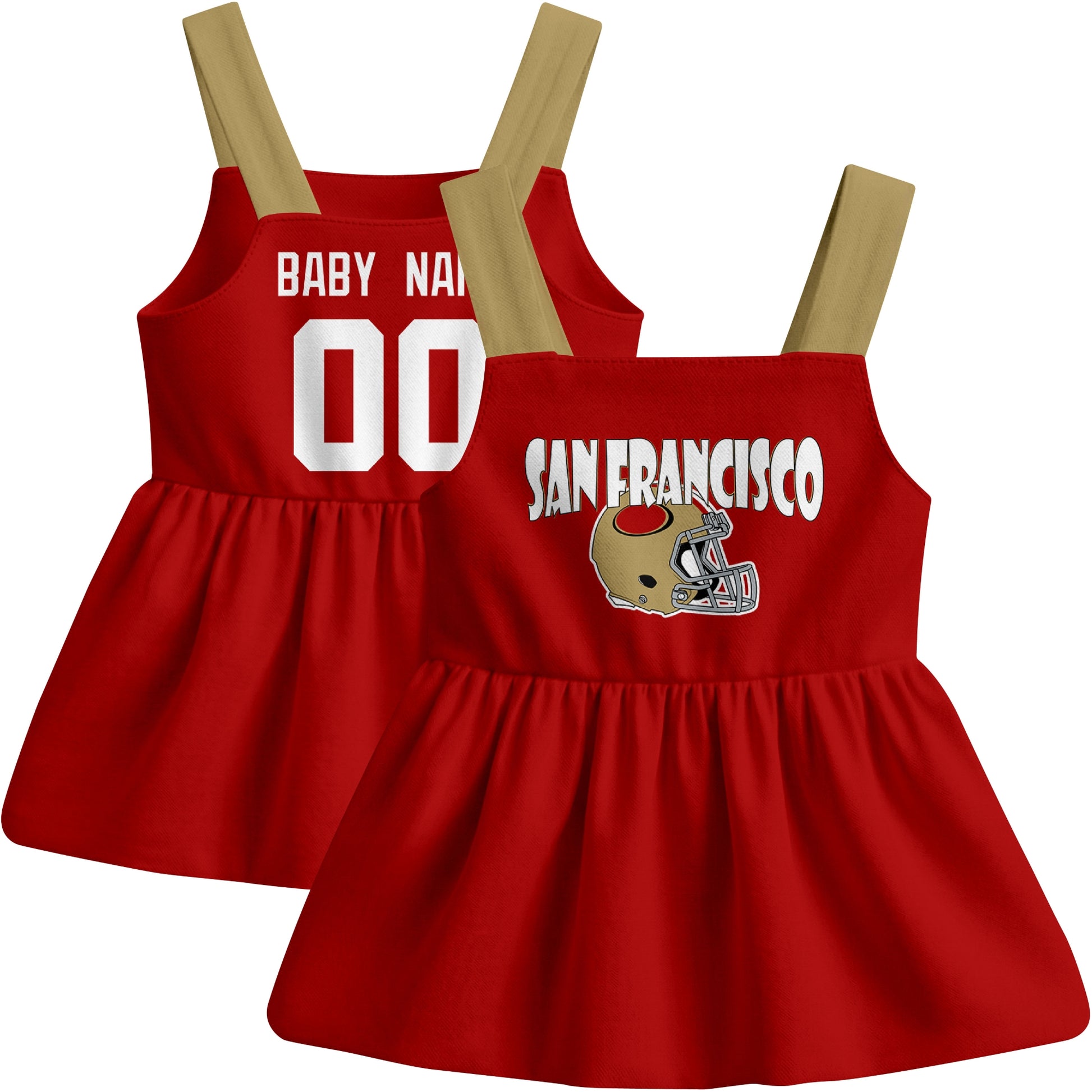 San Francisco football baby suspender dress front and back view in Scarlet city-color style